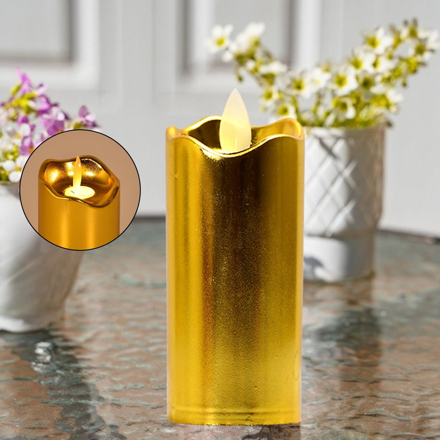 Packaging box showcasing the 12-piece set of golden flickering LED candles.