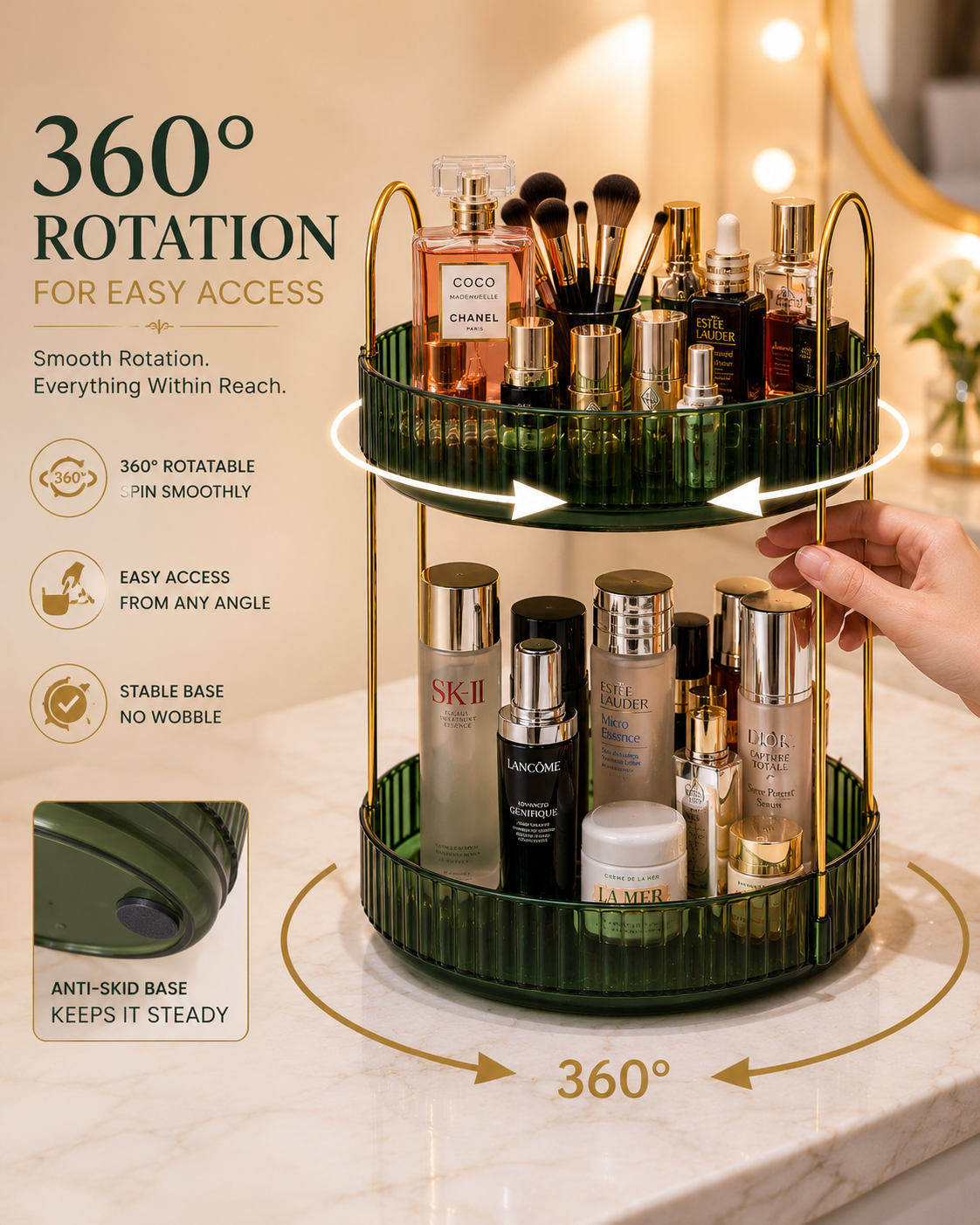 360 degree rotating acrylic organizer providing easy access from every angle