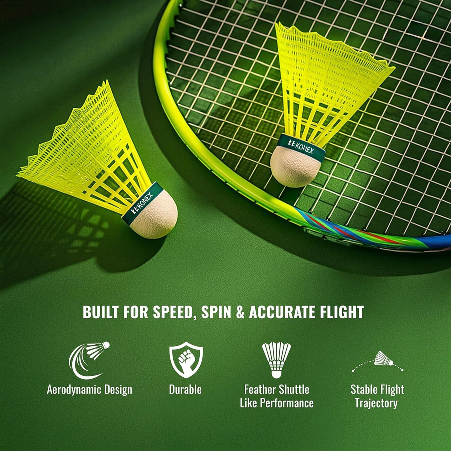 Plastic shuttlecock product image showing design for stable flight