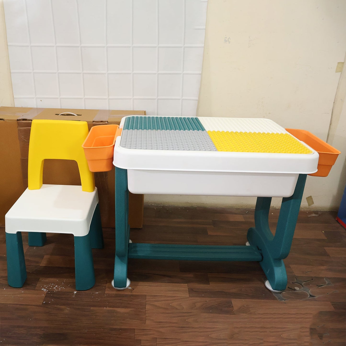 2 piece kids activity table with block top and storage bins
