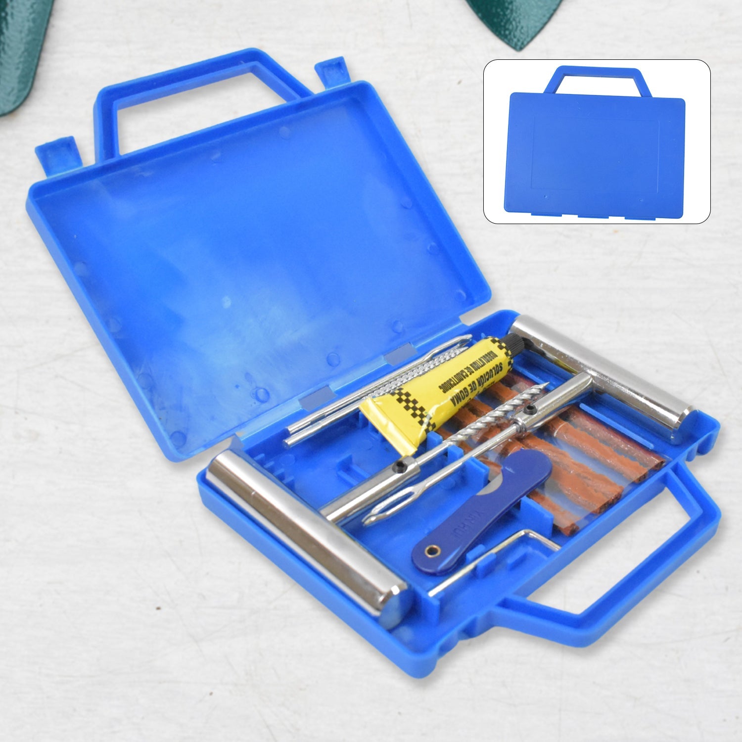 Complete 13-piece portable tire repair kit with all tools and storage box displayed.