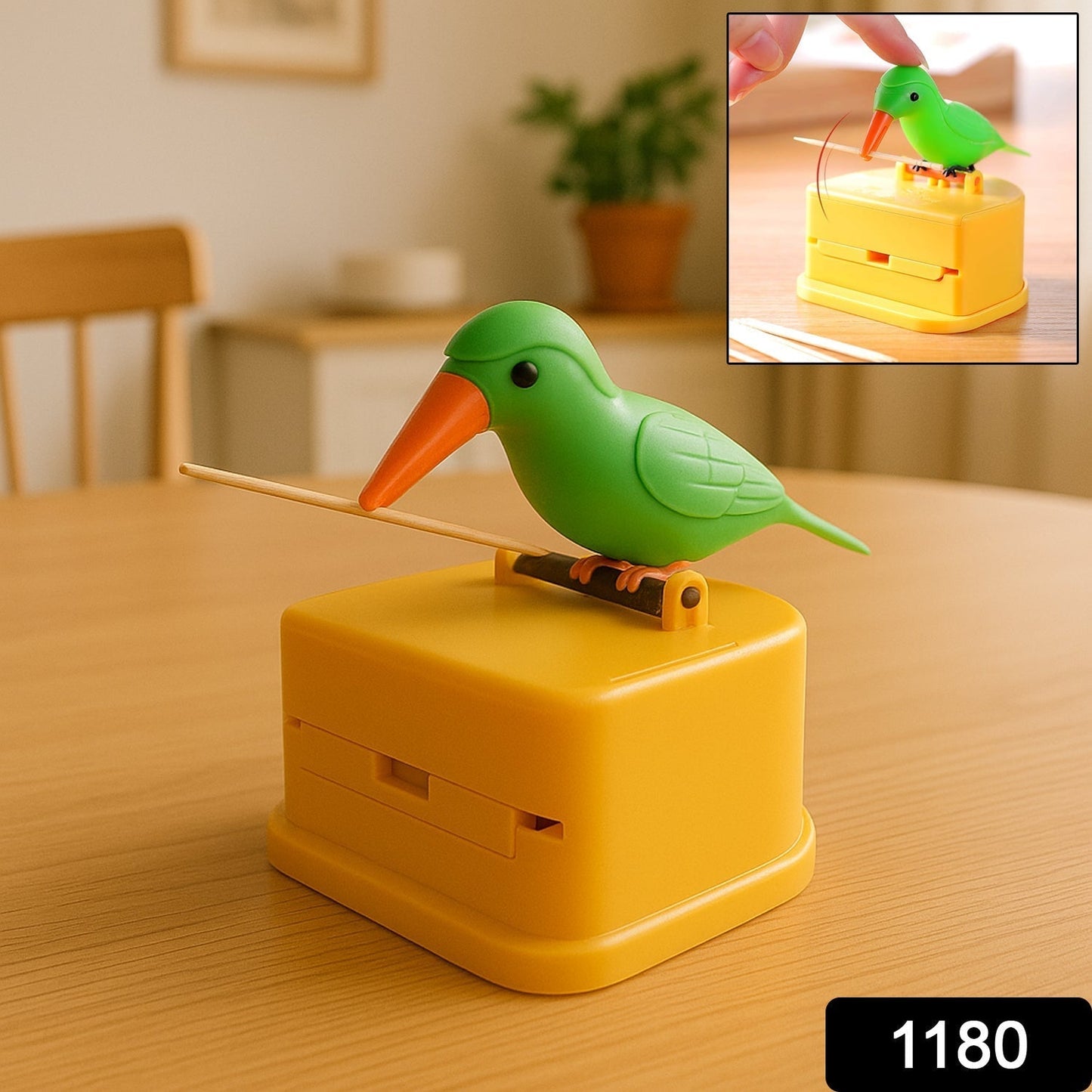 Close-up view of bird toothpick dispenser showing press-type toothpick release