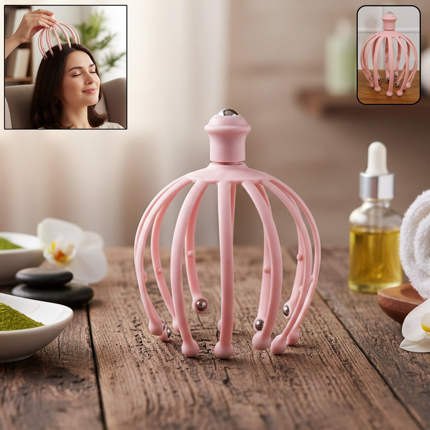 Close-up view of a manual scalp massager tool with flexible prongs and rolling balls.