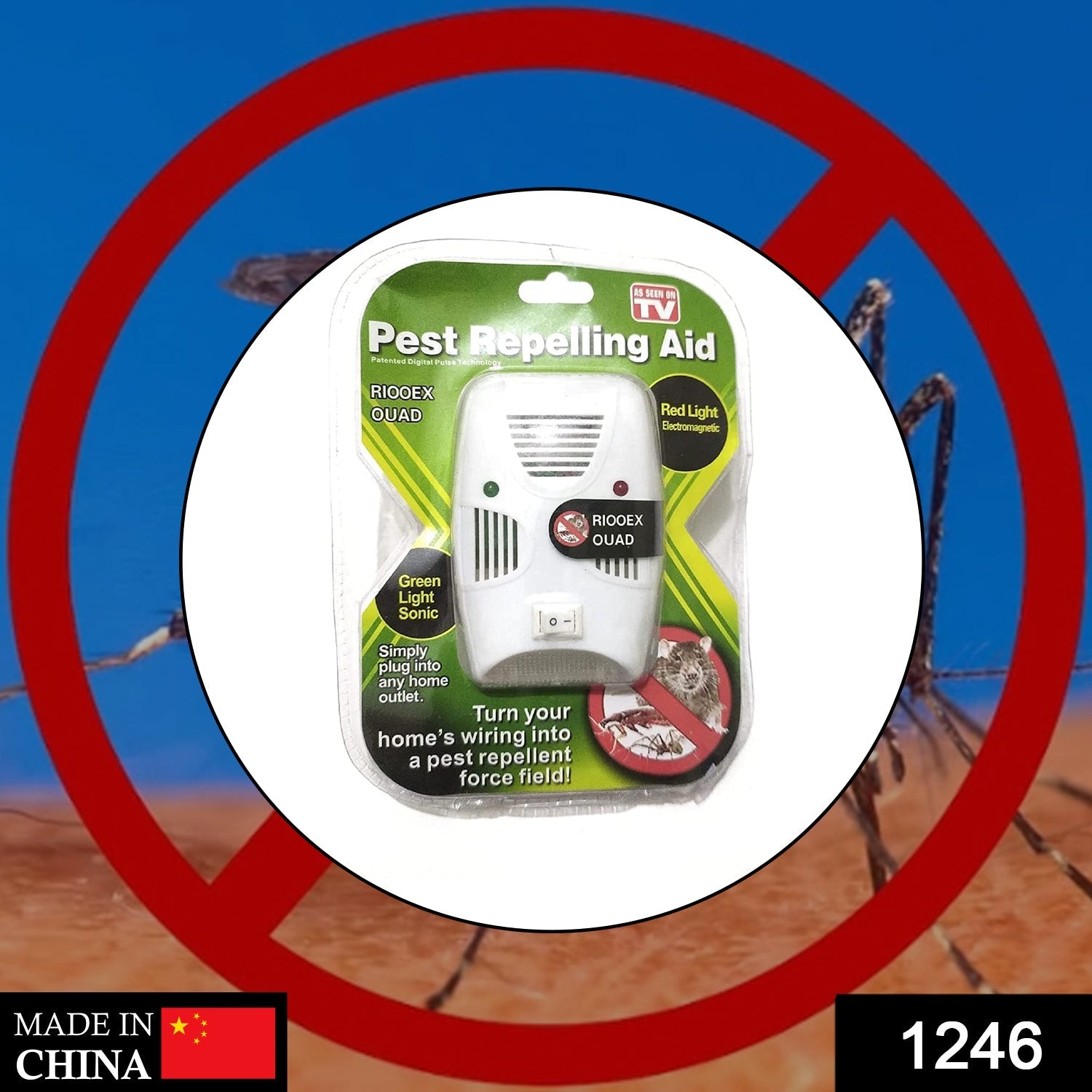 A single white pest repelling aid in its clear plastic and green cardboard packaging, against a blurry background.