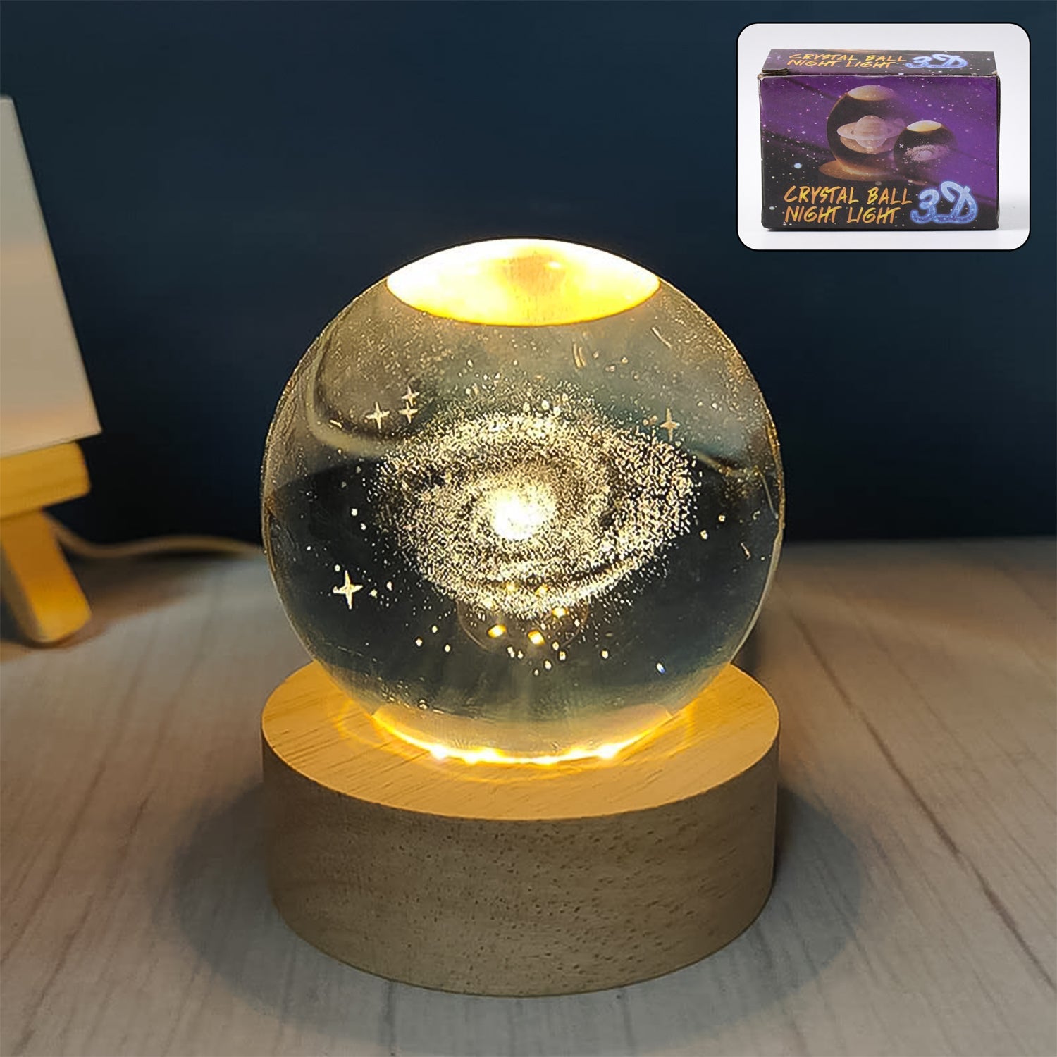 Illuminated 3D Crystal Ball Lamp featuring intricate 3D engravings.