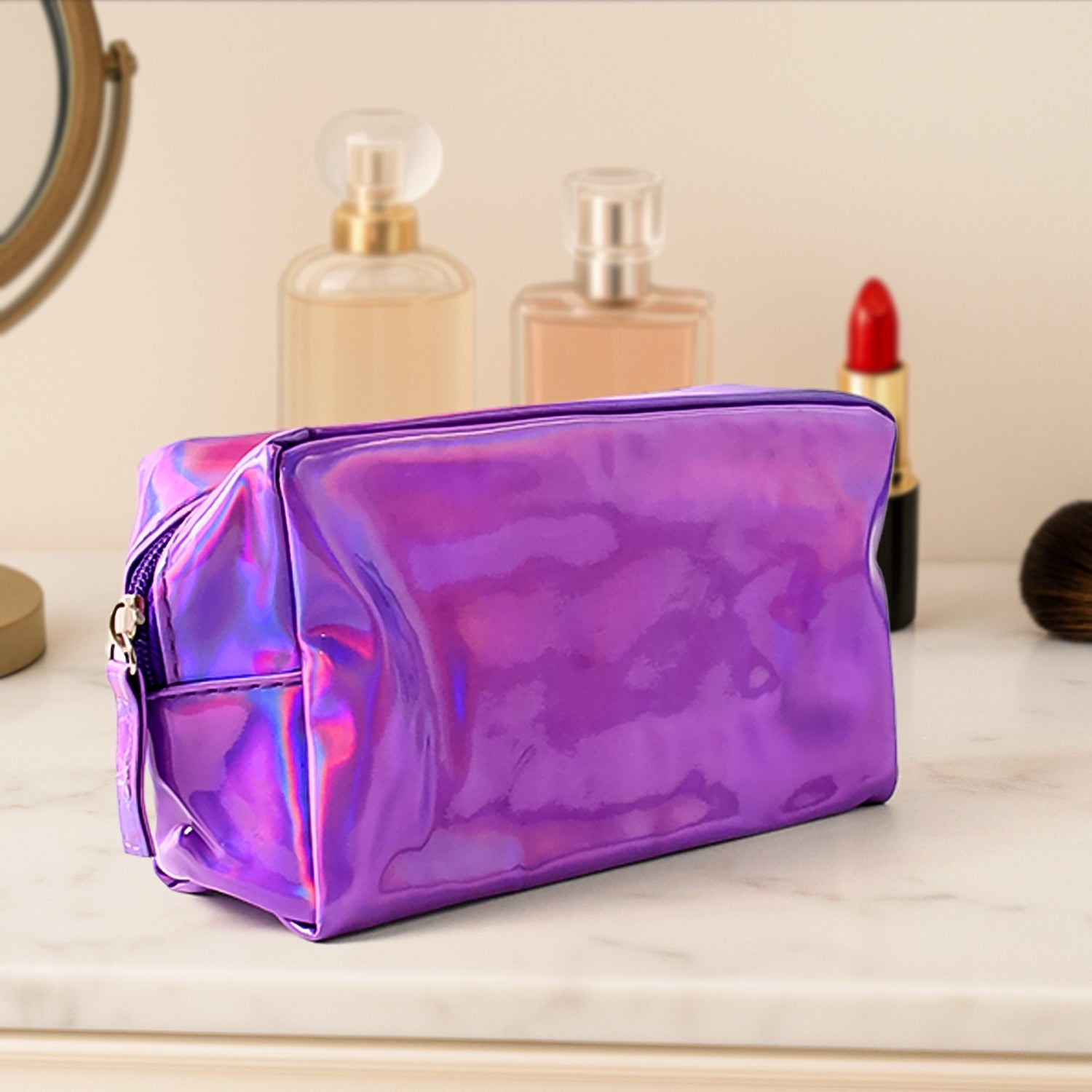 Waterproof travel cosmetic pouch with holographic finish for packing toiletries