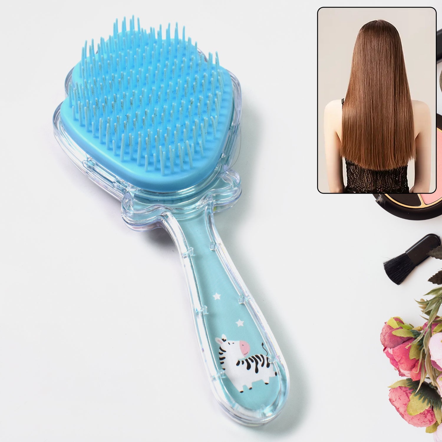 A vibrant cartoon-themed kids' detangling hair brush with a playful design, ideal for gentle combing.