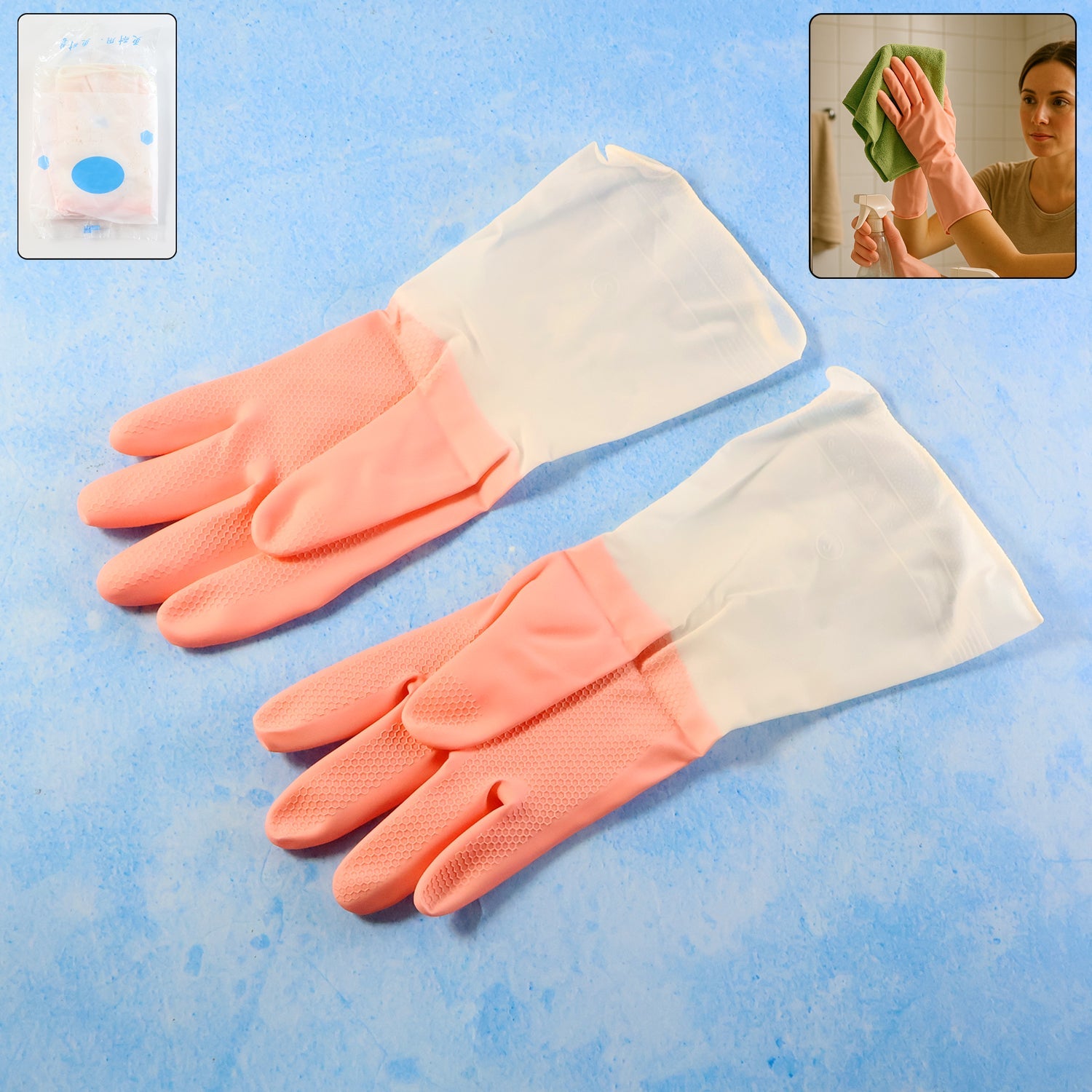 Front view of small size reusable waterproof cleaning gloves