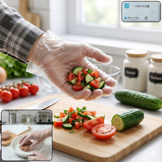 Clear disposable plastic gloves ideal for food handling and cleaning tasks