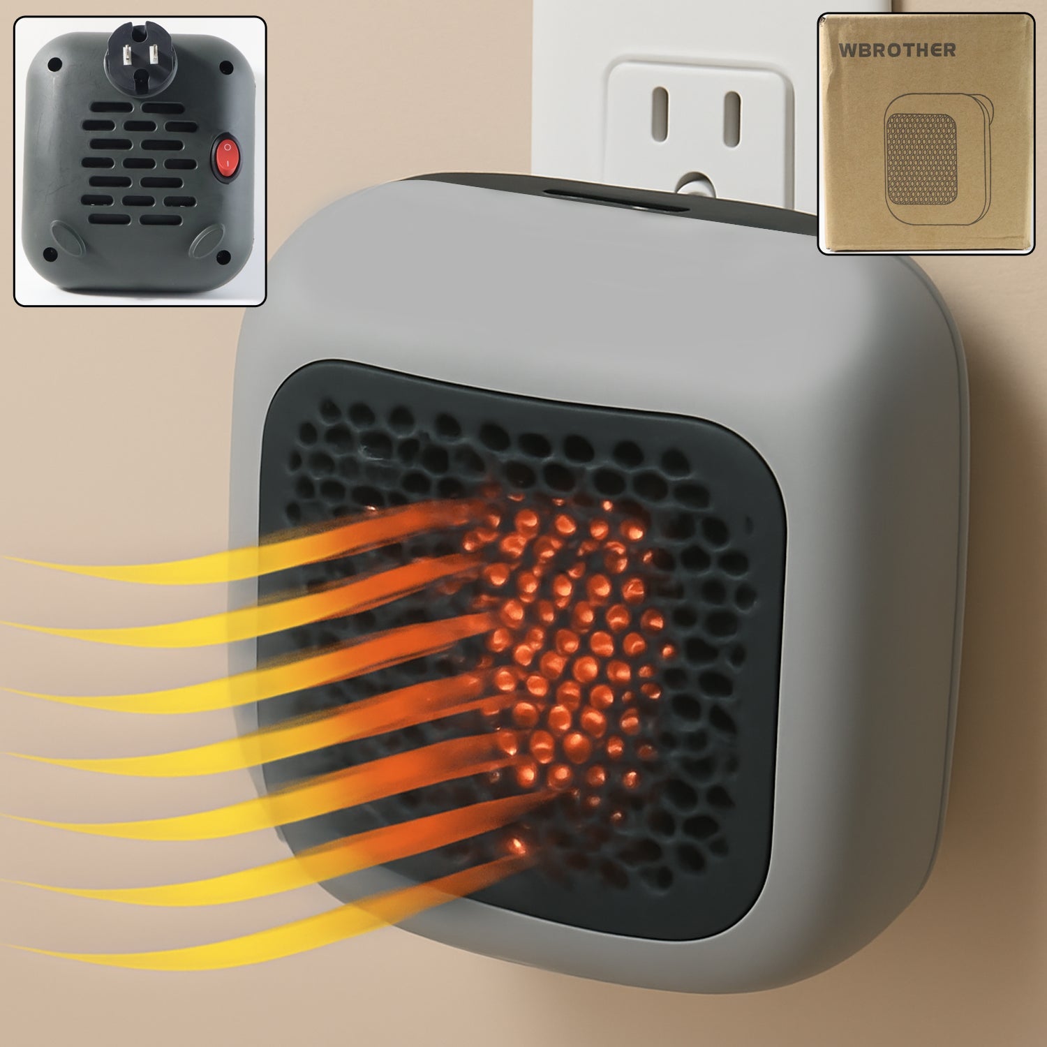 600W wall-mounted room heater plugged into a socket with heat output grill visible