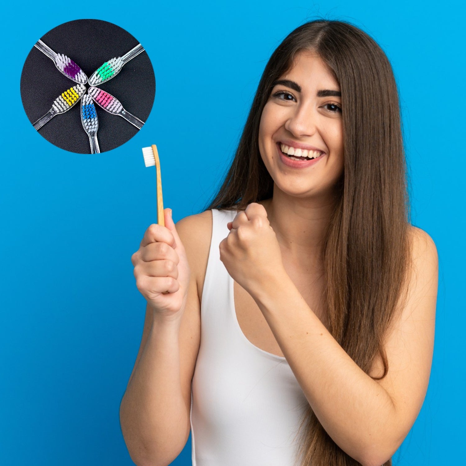 Close-up of flexible soft bristle plastic toothbrush in various appealing colours.
