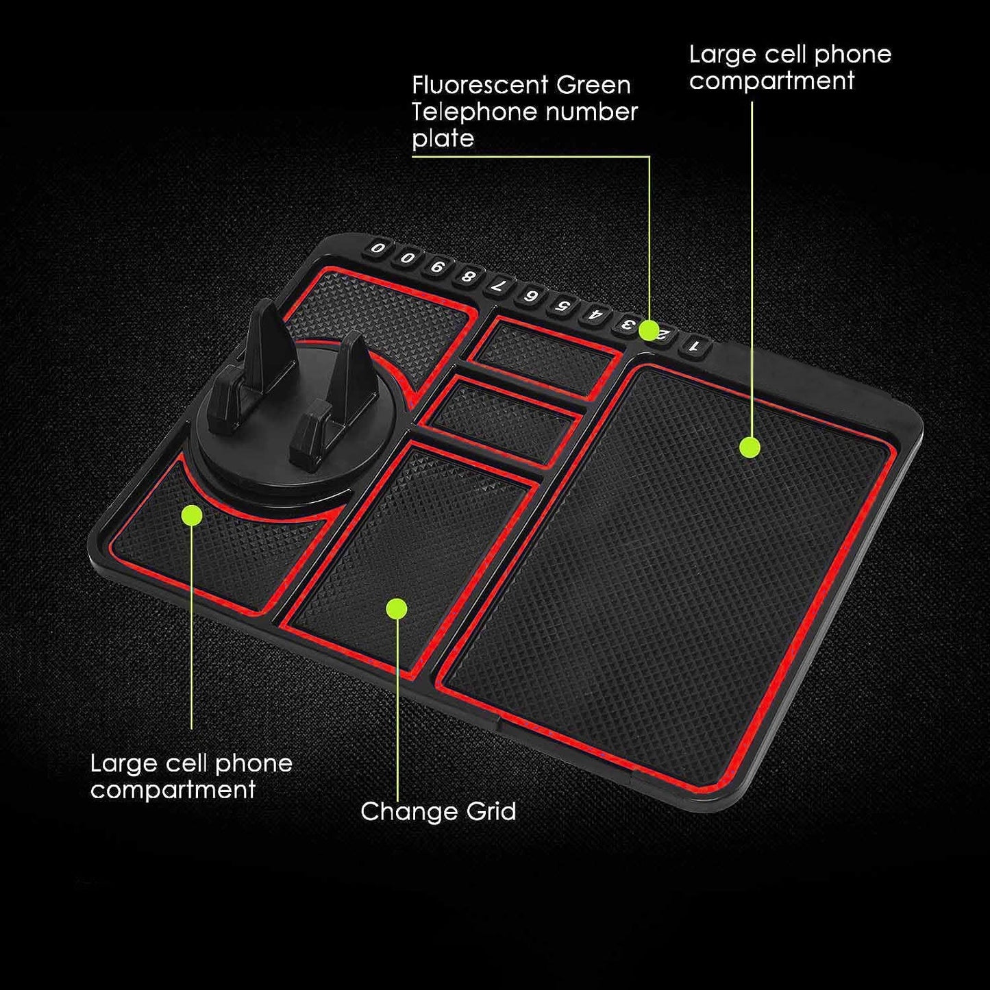 Car dashboard mat holding mobile phone and keys firmly in place