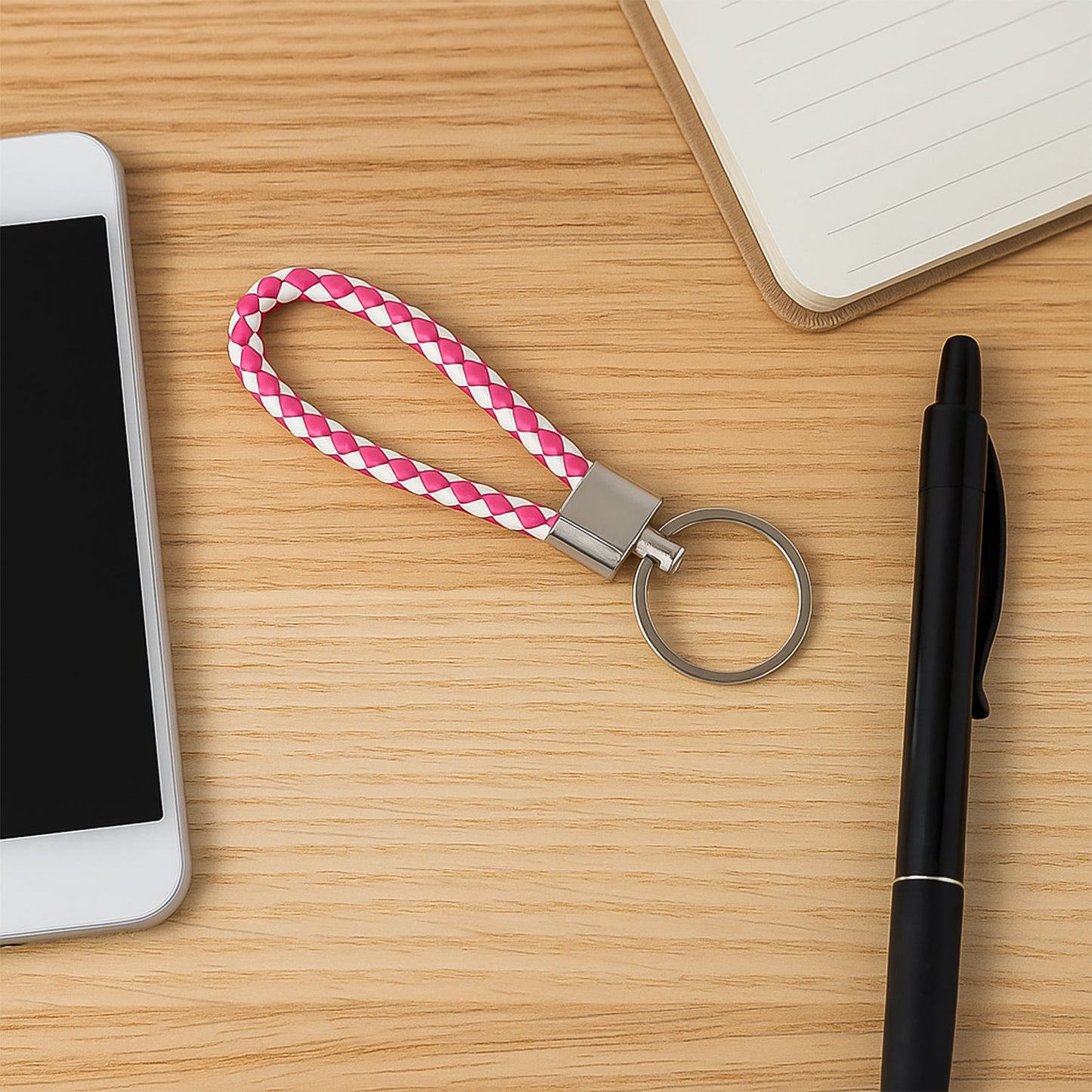 Braided leather keychain with sturdy metal ring for secure key storage