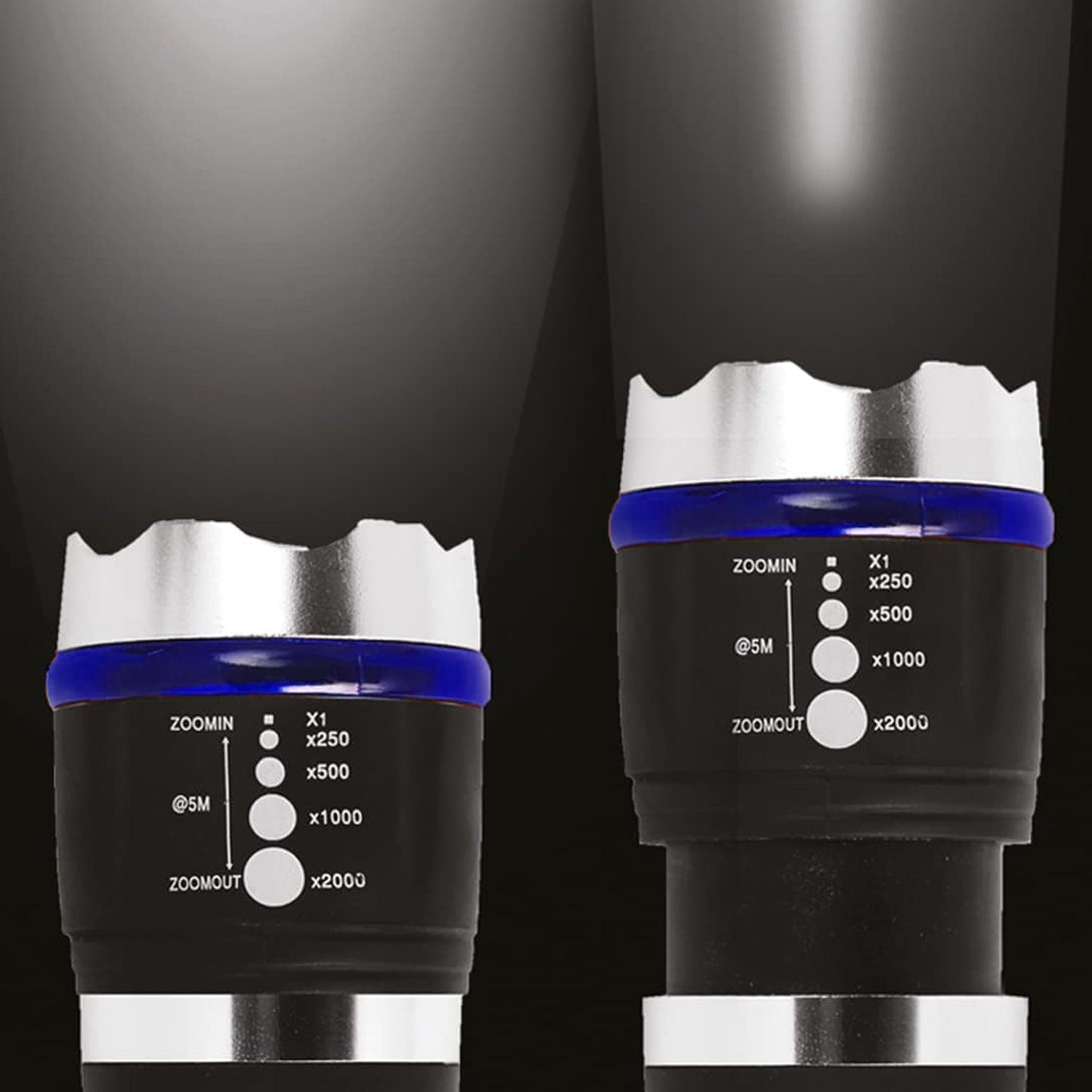Two close-up views of the flashlight's head, showing the adjustable zoom settings with different beam widths on a dark