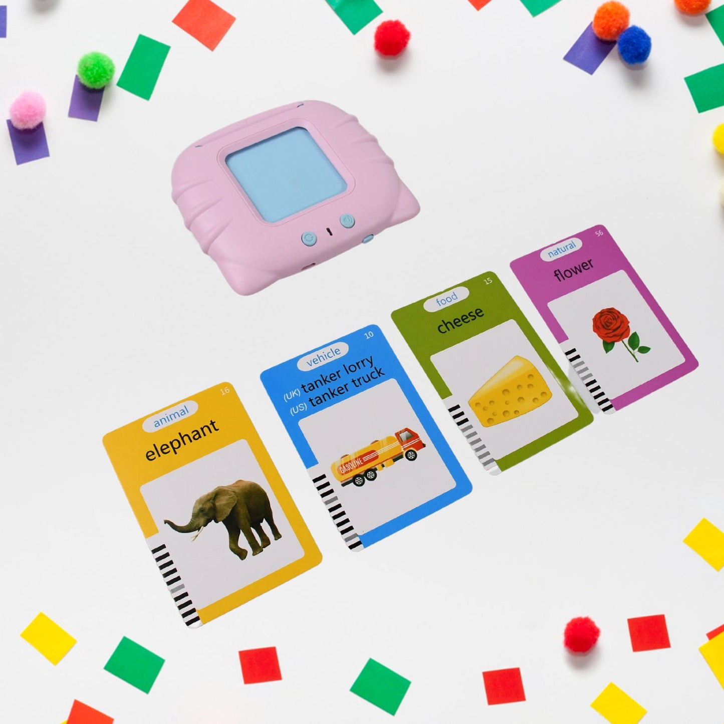 Toddler inserting a flash card into the English learning toy machine.