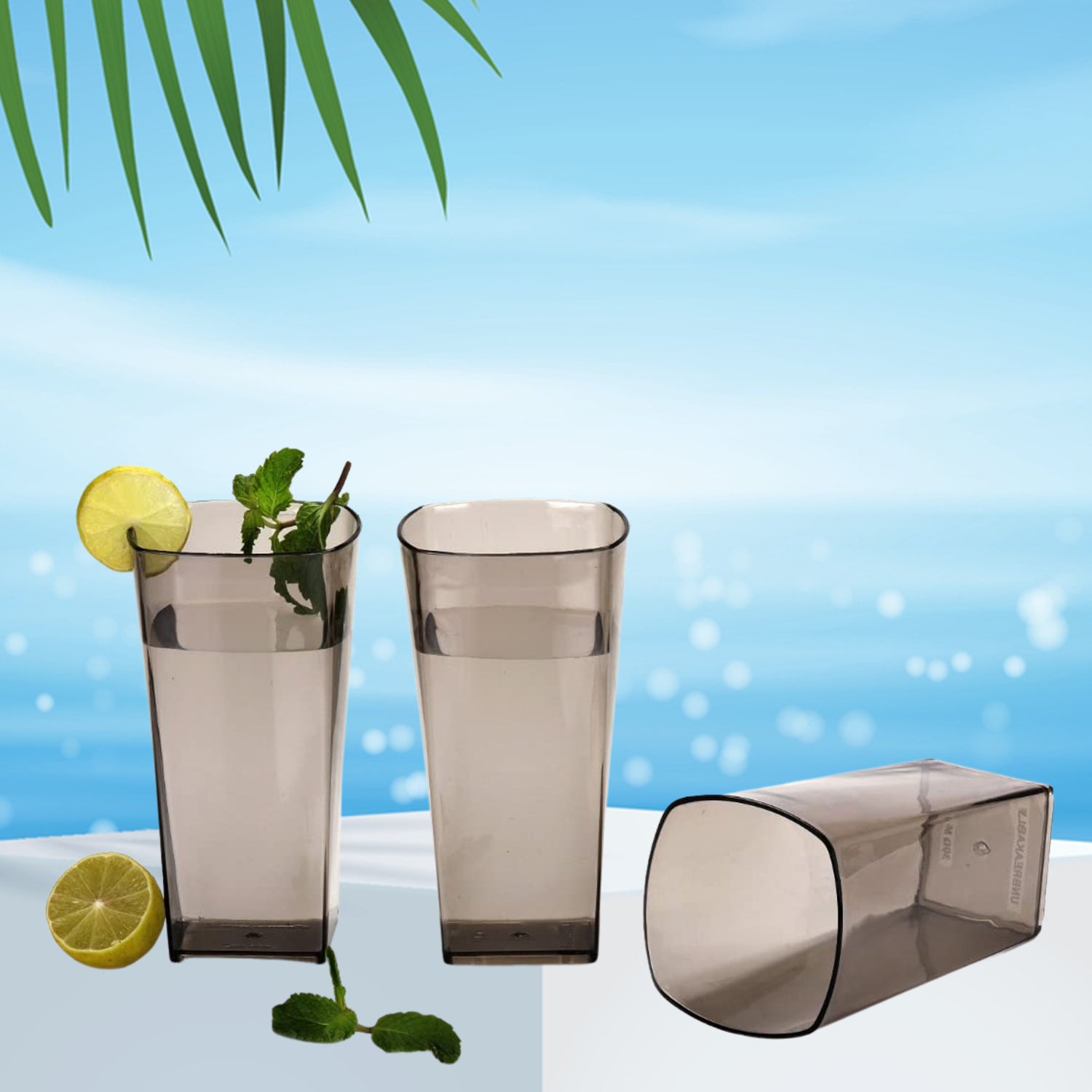 Black square plastic tumblers ideal for serving various beverages.