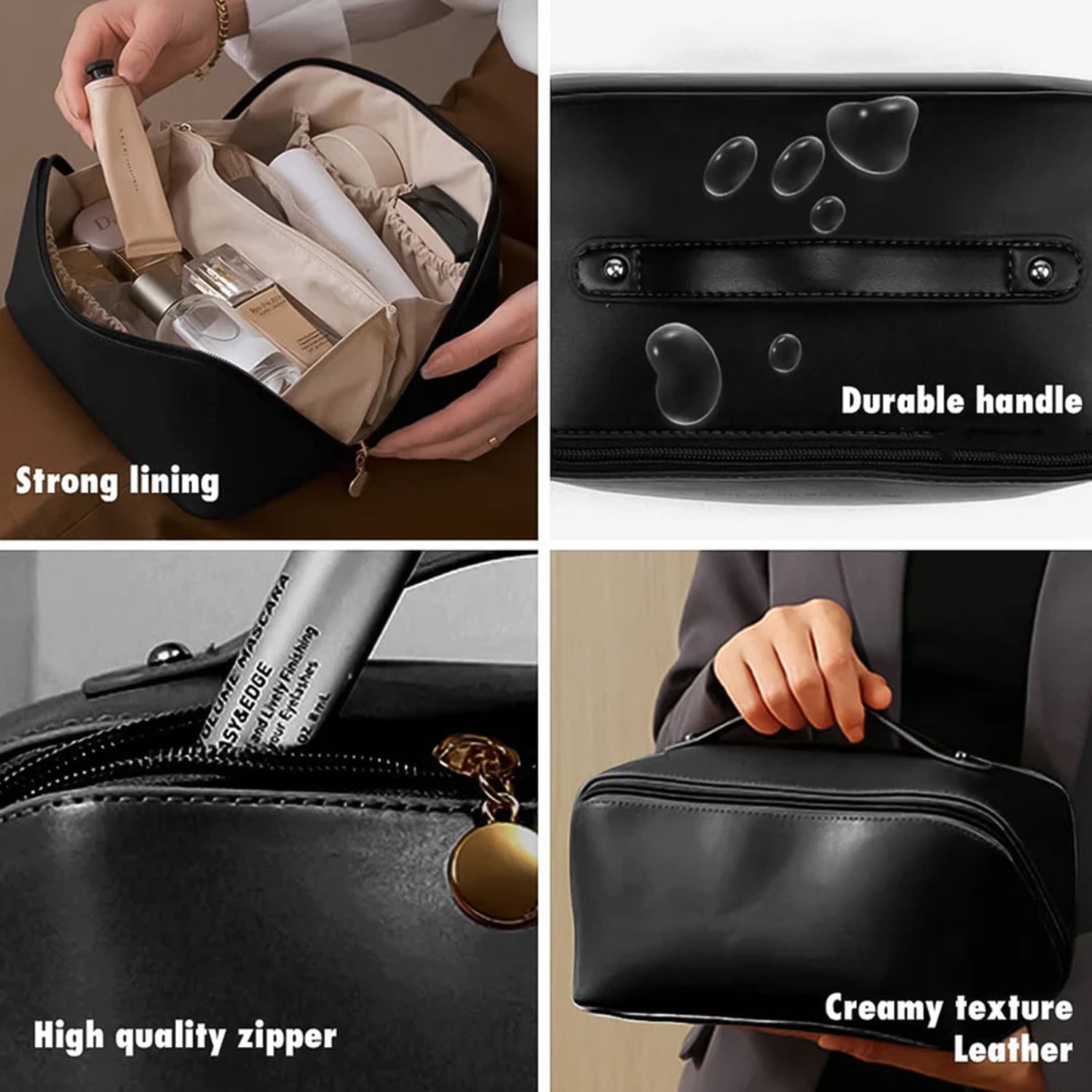 Stylish black travel essentials pouch featuring waterproof exterior and zipper