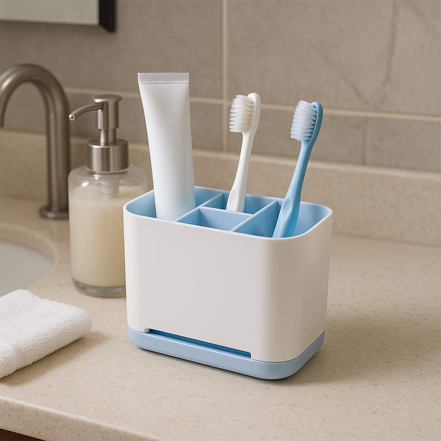 Side profile of a multi-purpose toothbrush caddy stand on a bathroom counter