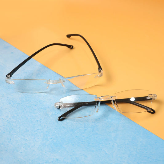 Close-up image of rimless reading glasses showcasing lightweight design and clear lenses