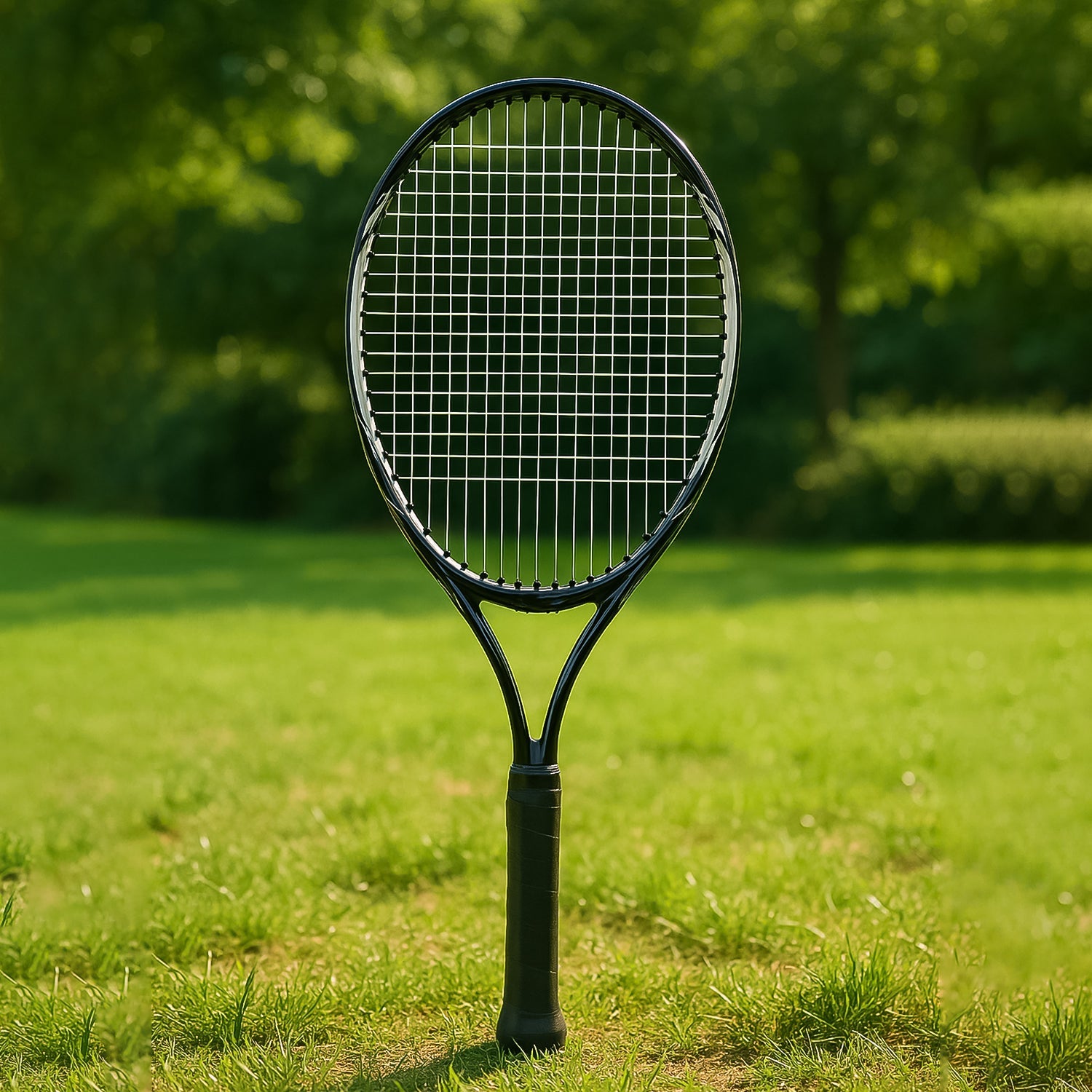 Side view of lightweight tennis racket highlighting the cushioned grip