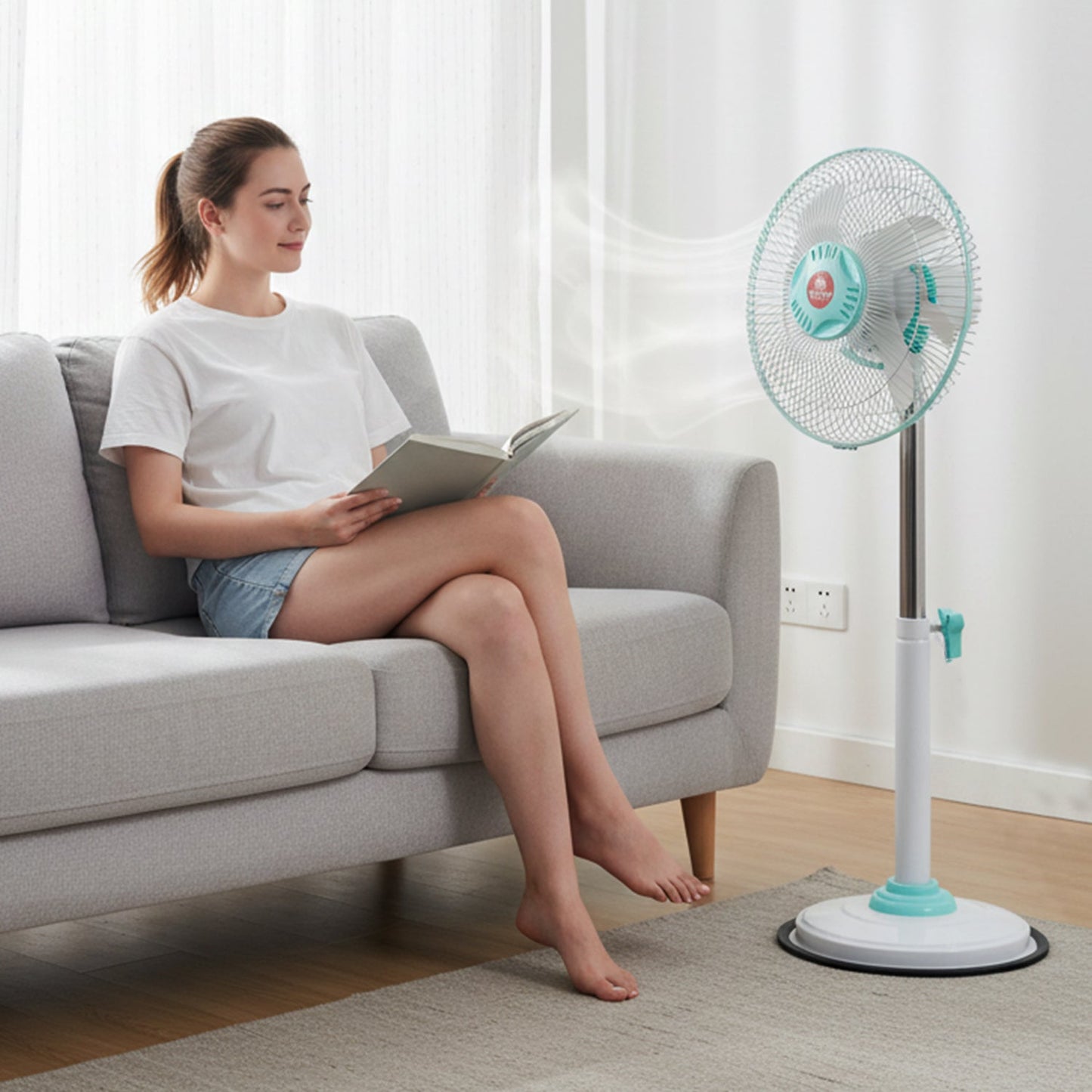 Side view of 12V DC hybrid pedestal fan