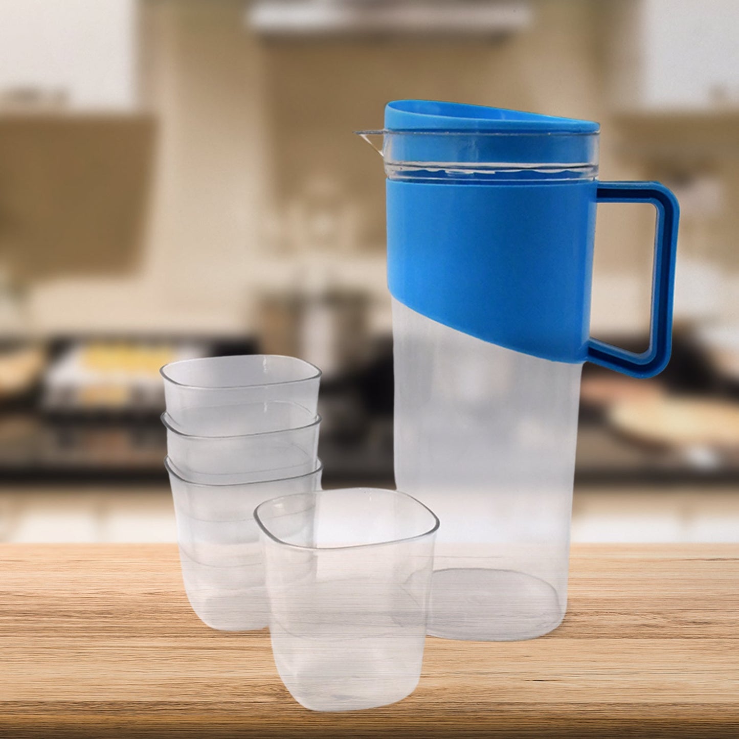 Top view of transparent plastic jug showing lid and handle