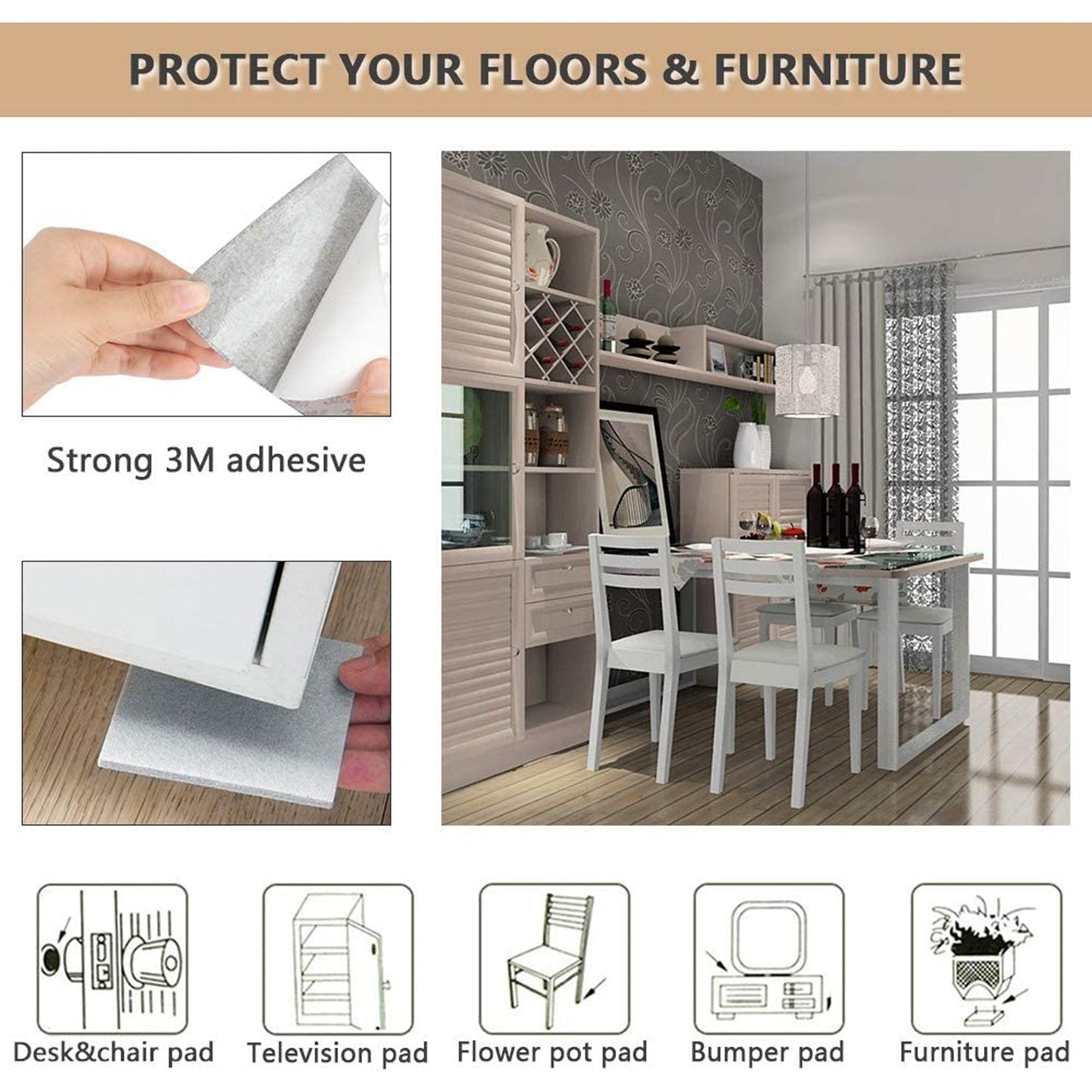 Detailed view of the strong adhesive backing on Safelix square felt pads for secure attachment.