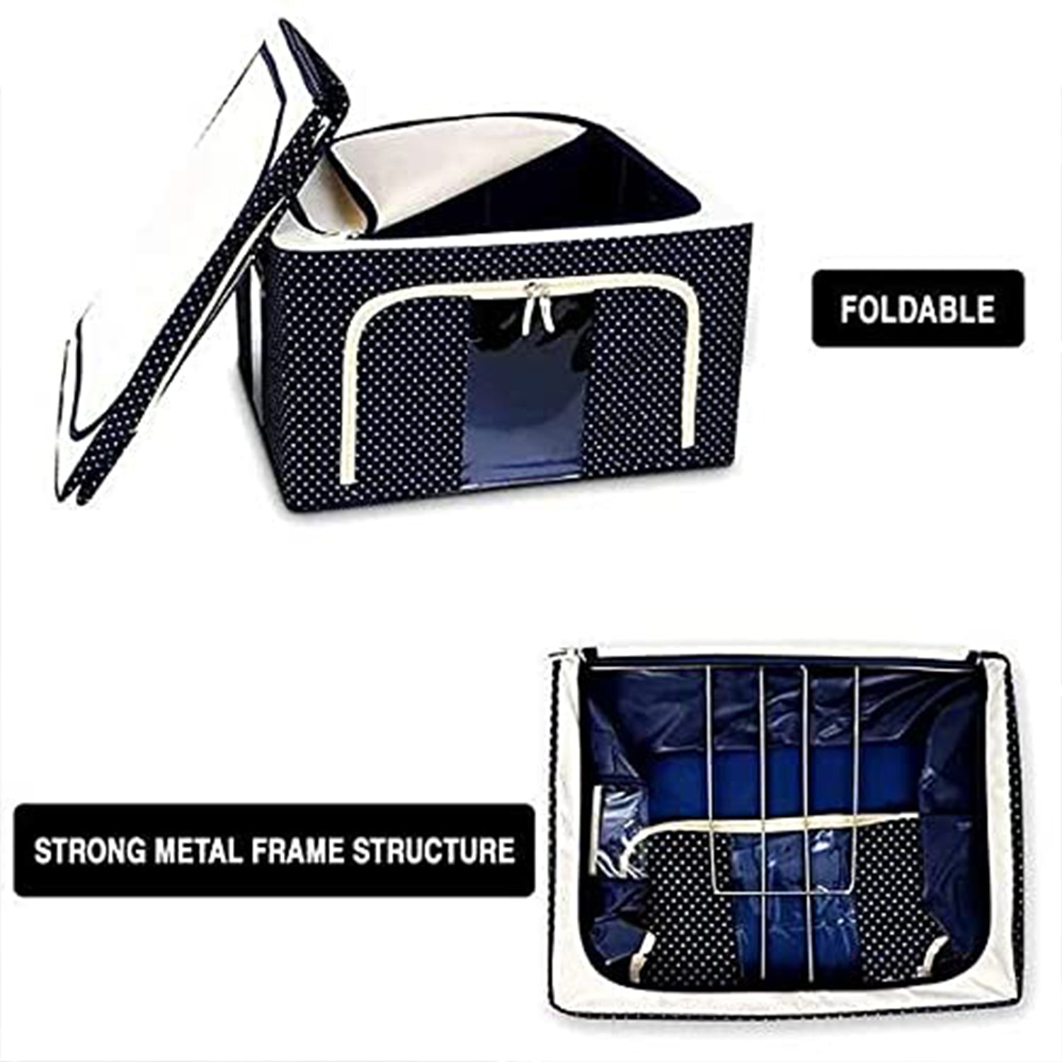 Multiple foldable clothes organizers stacked neatly in a closet.