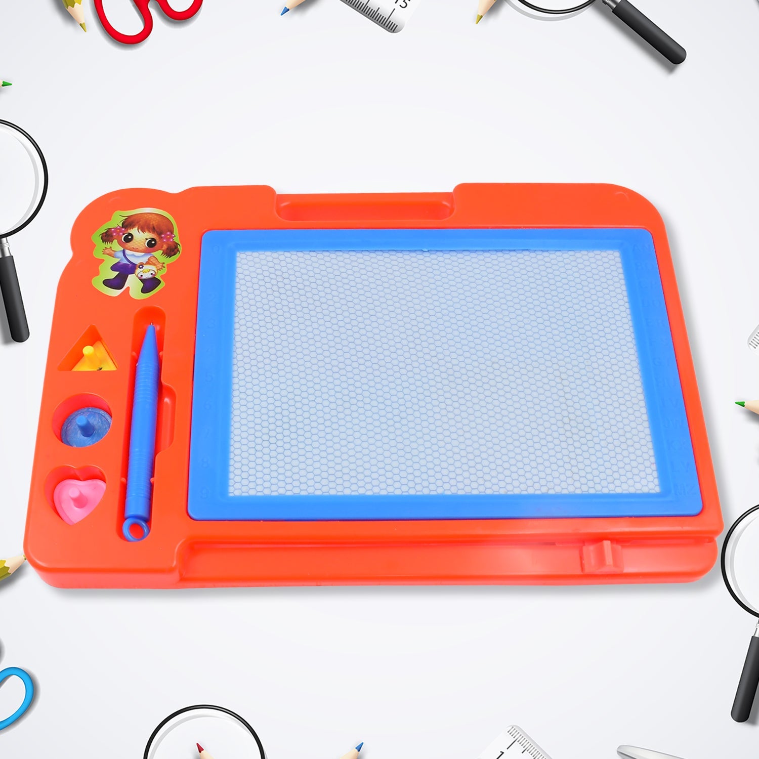 Young child happily holding their colourful magnetic sketch board.