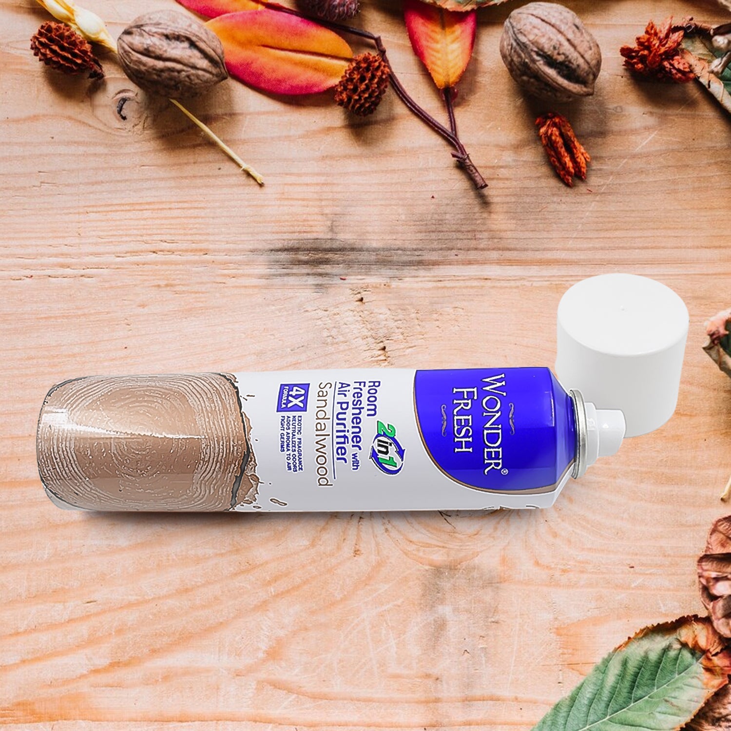 Sandalwood Air Freshener spray bottle with a warm, golden wooden background.