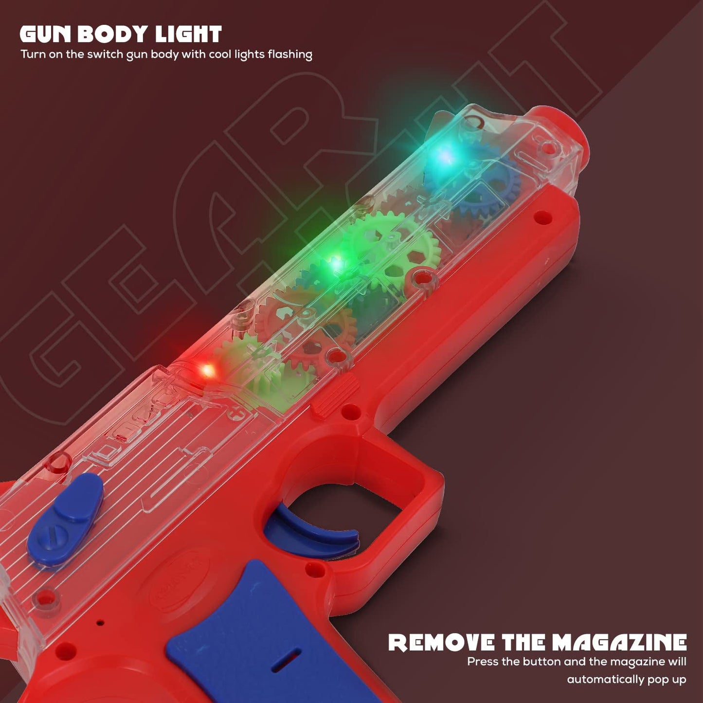 A child's hand securely holding the Transparent Gear Toy Gun during playtime.