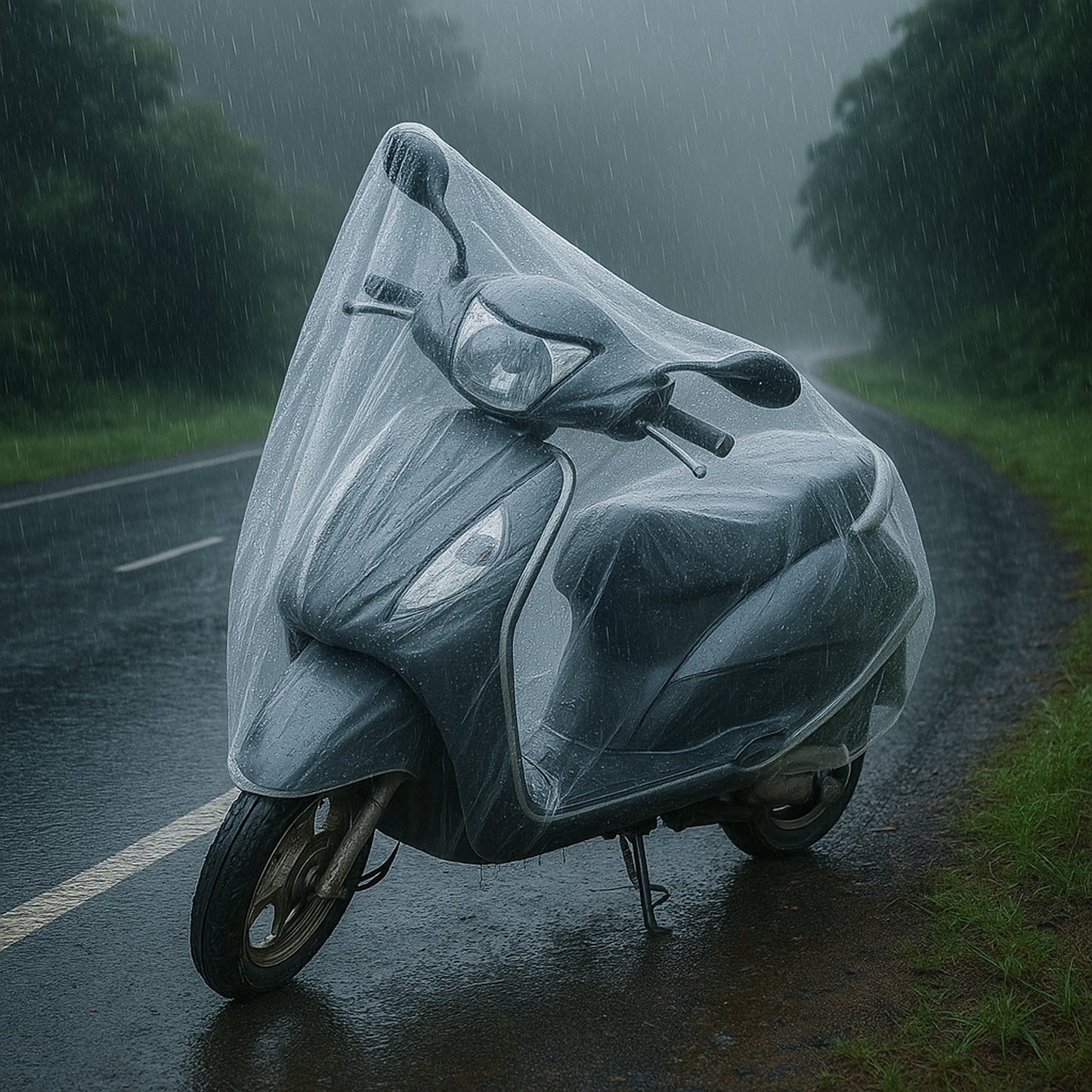 Scooter safely covered with clear plastic Activa cover