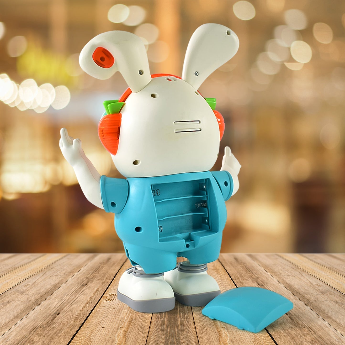 Close-up of Swing Rabbit Musical Dancing Toy featuring colorful LED lights and headphones