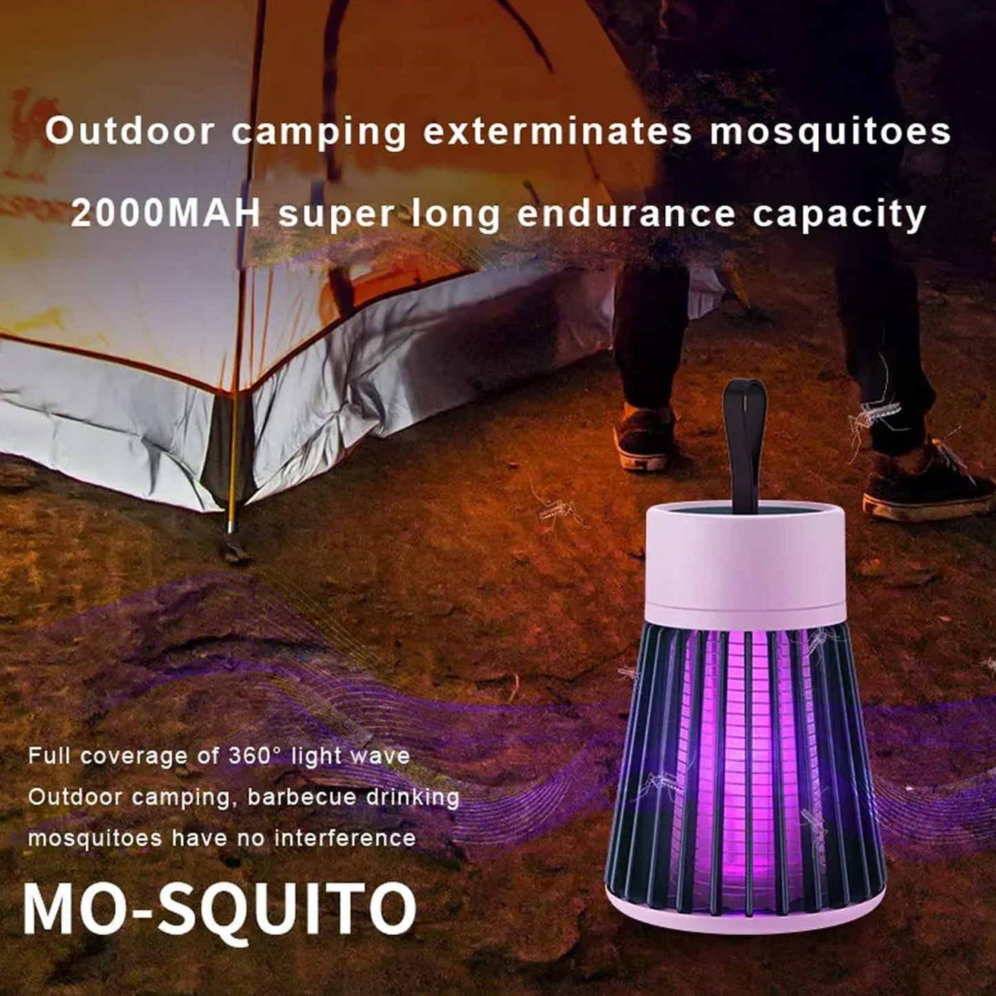 The Mosquito Killer Lamp sits on the ground in front of a camping tent at night, with a person's legs visible.