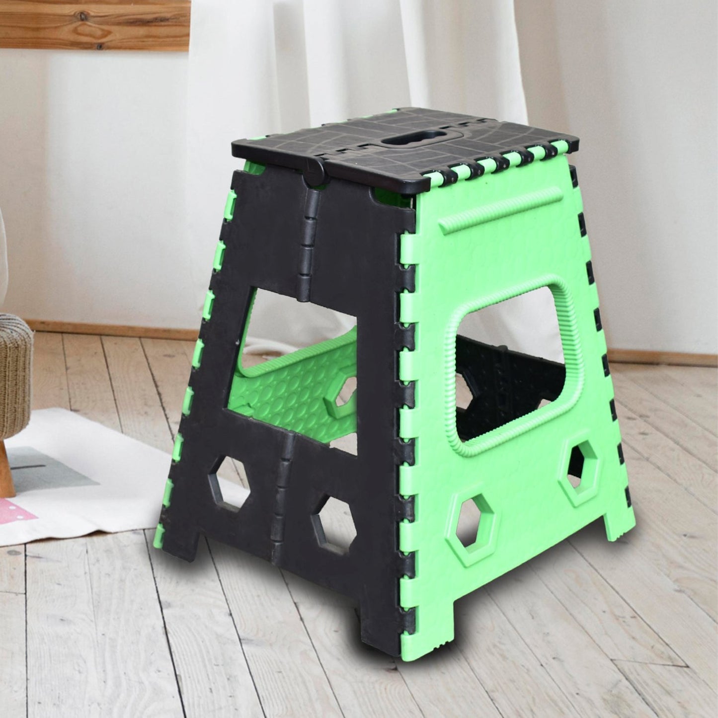 Open 18-inch brown folding stool made of sturdy plastic, ready for use.