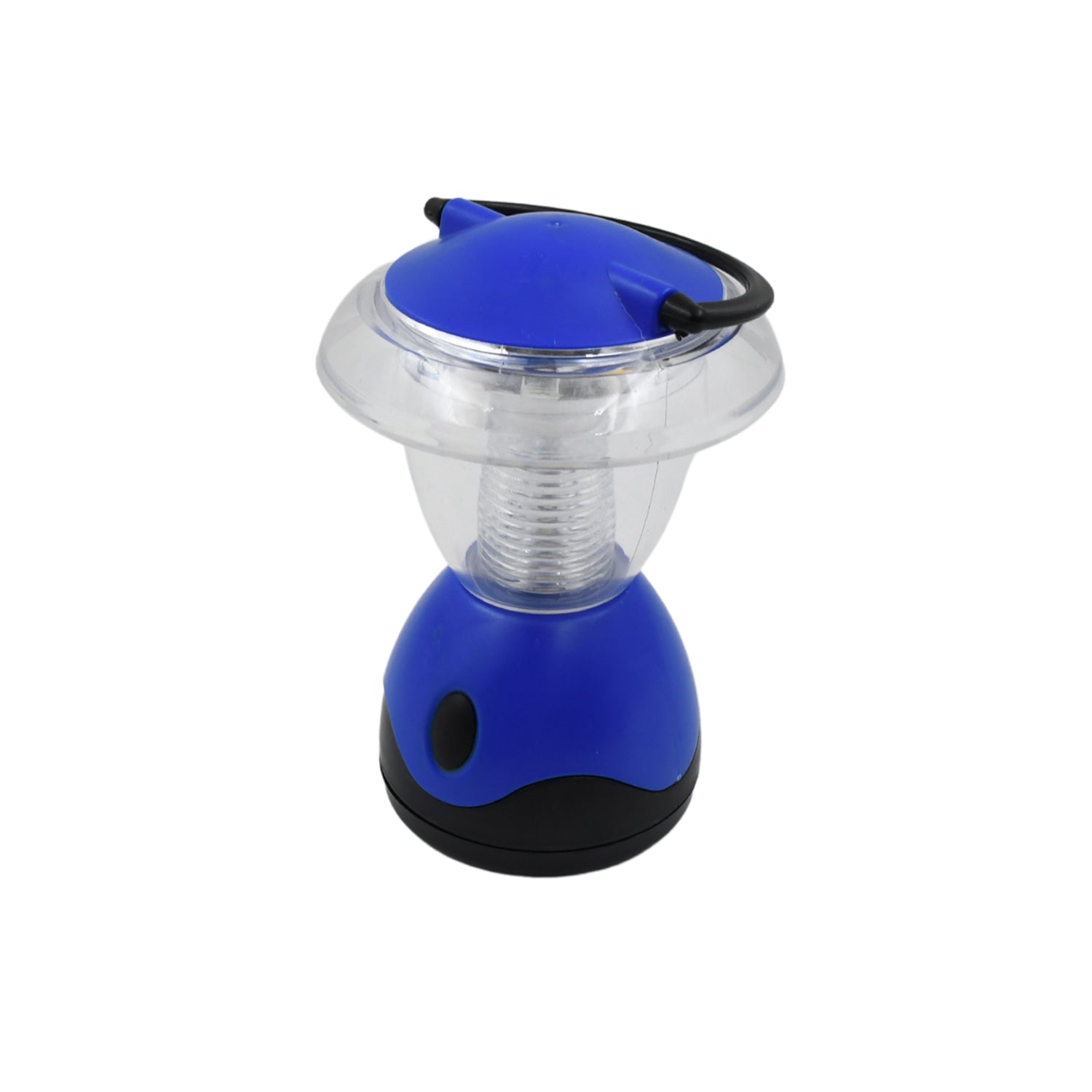 A blue and clear plastic mini lantern with a black handle is centered on a plain white background.