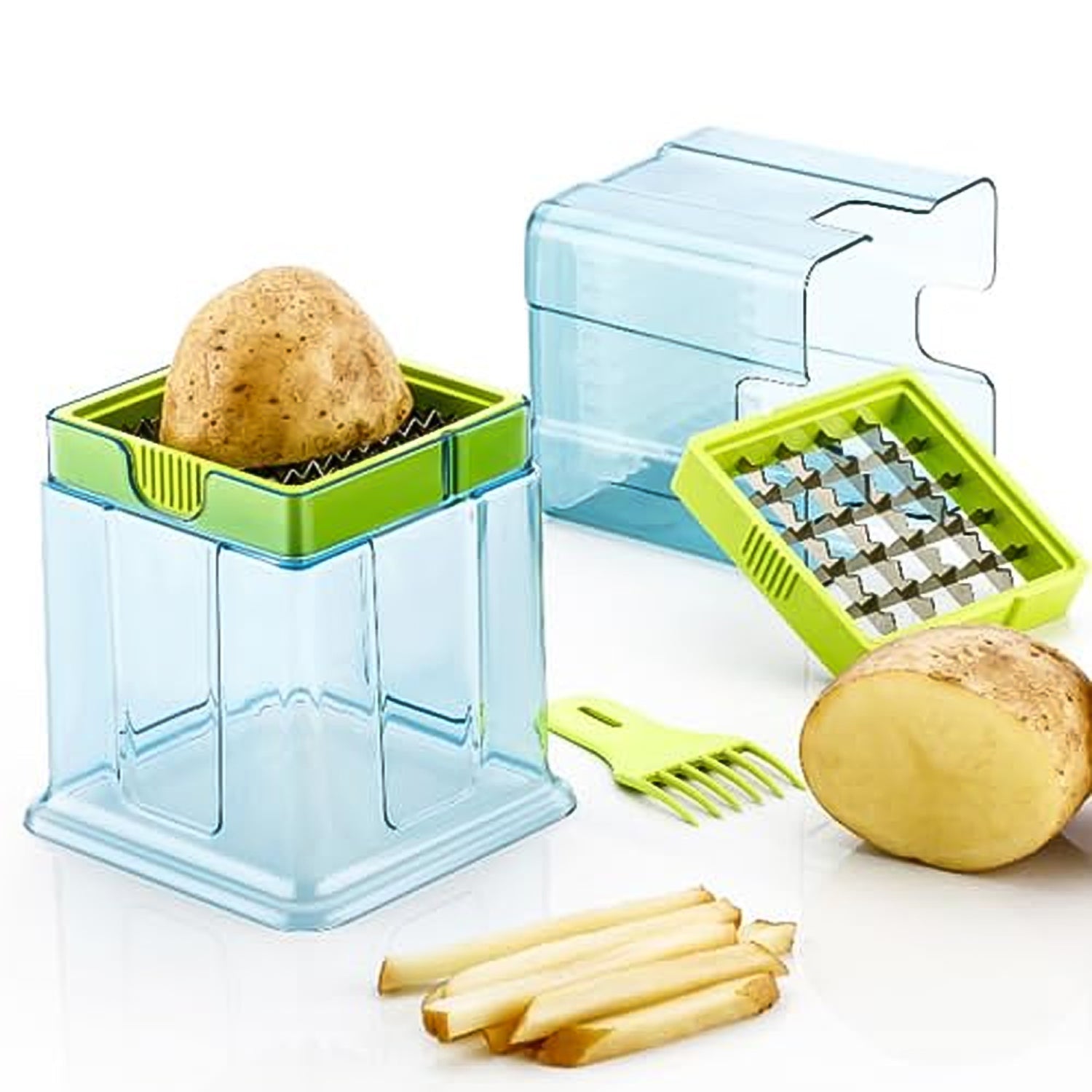 Various vegetables like potatoes and carrots sliced using the Quickslice potato chipper.