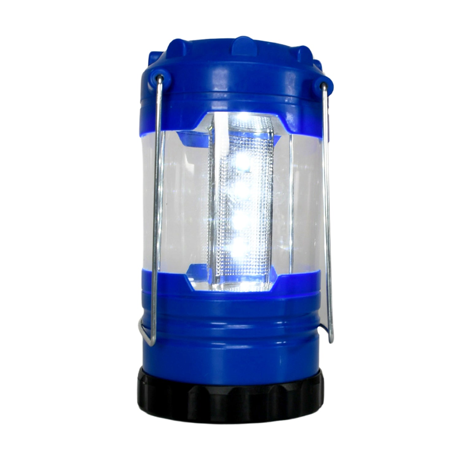 A blue and black LED lantern with a clear body and silver handles stands upright on a white background.