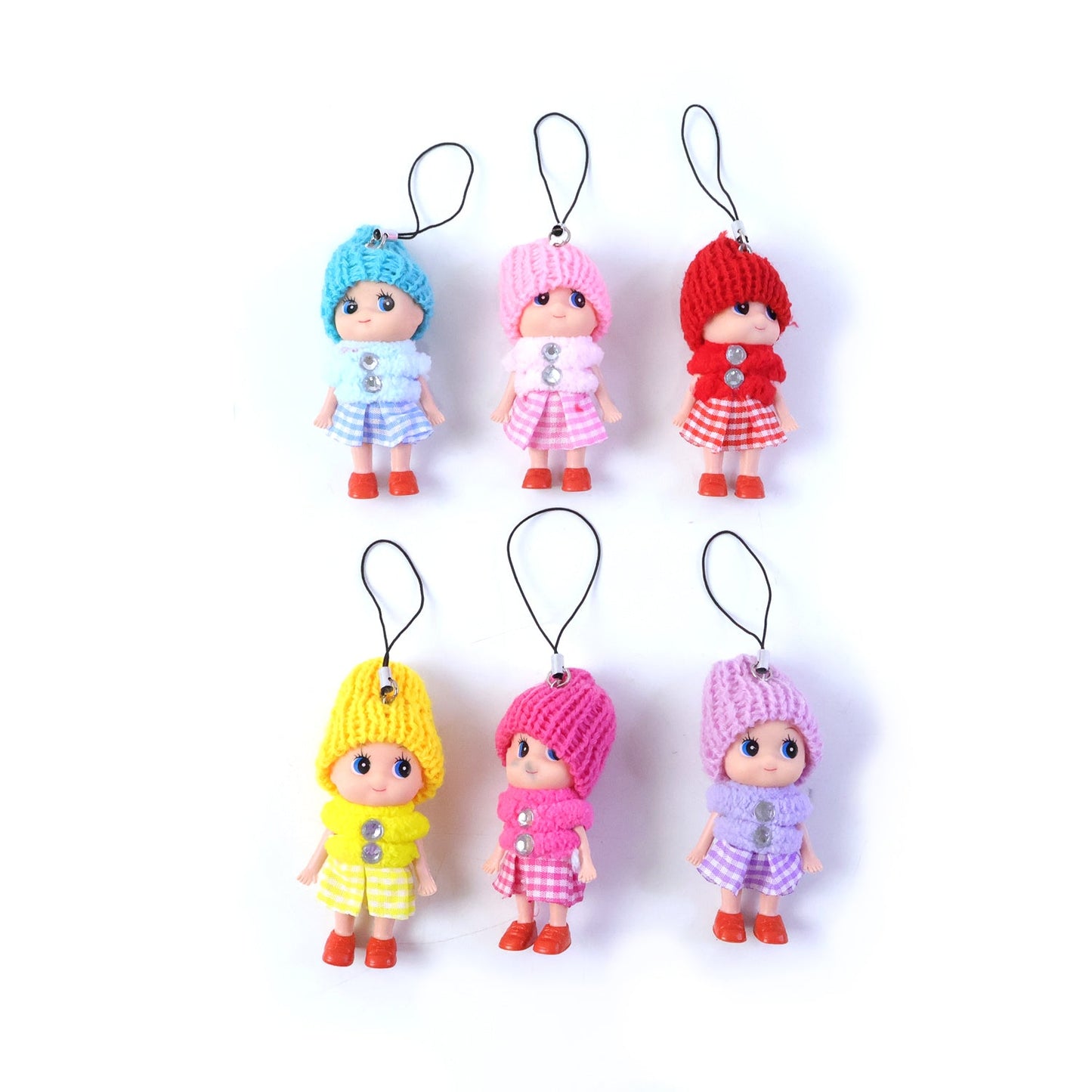 Decorative set of mini doll keychains with hanging loops