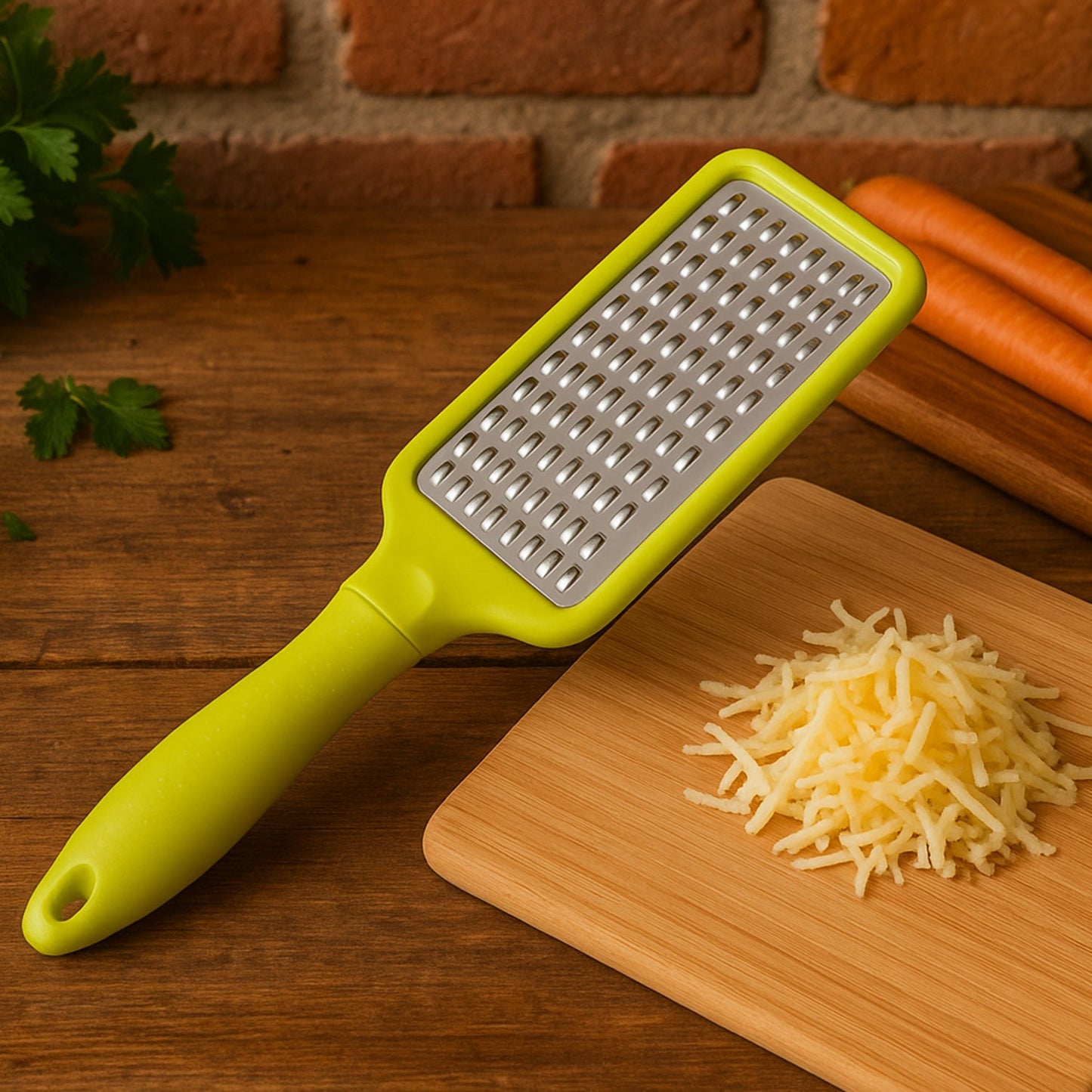 A CookAura multi-purpose grater shown shredding a carrot, demonstrating its vegetable shredder capability.