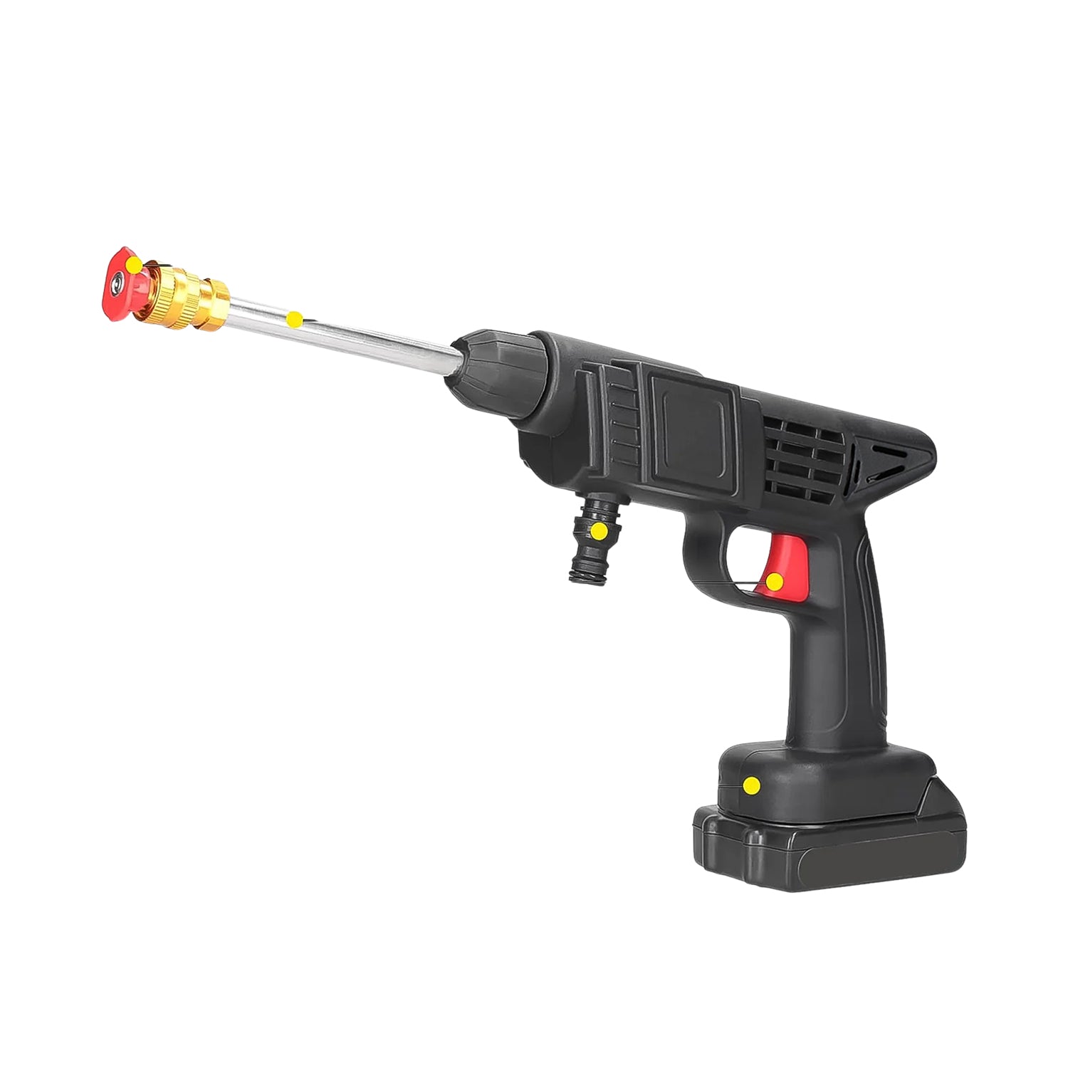 A user demonstrating the portable car cleaning capabilities of the kit.