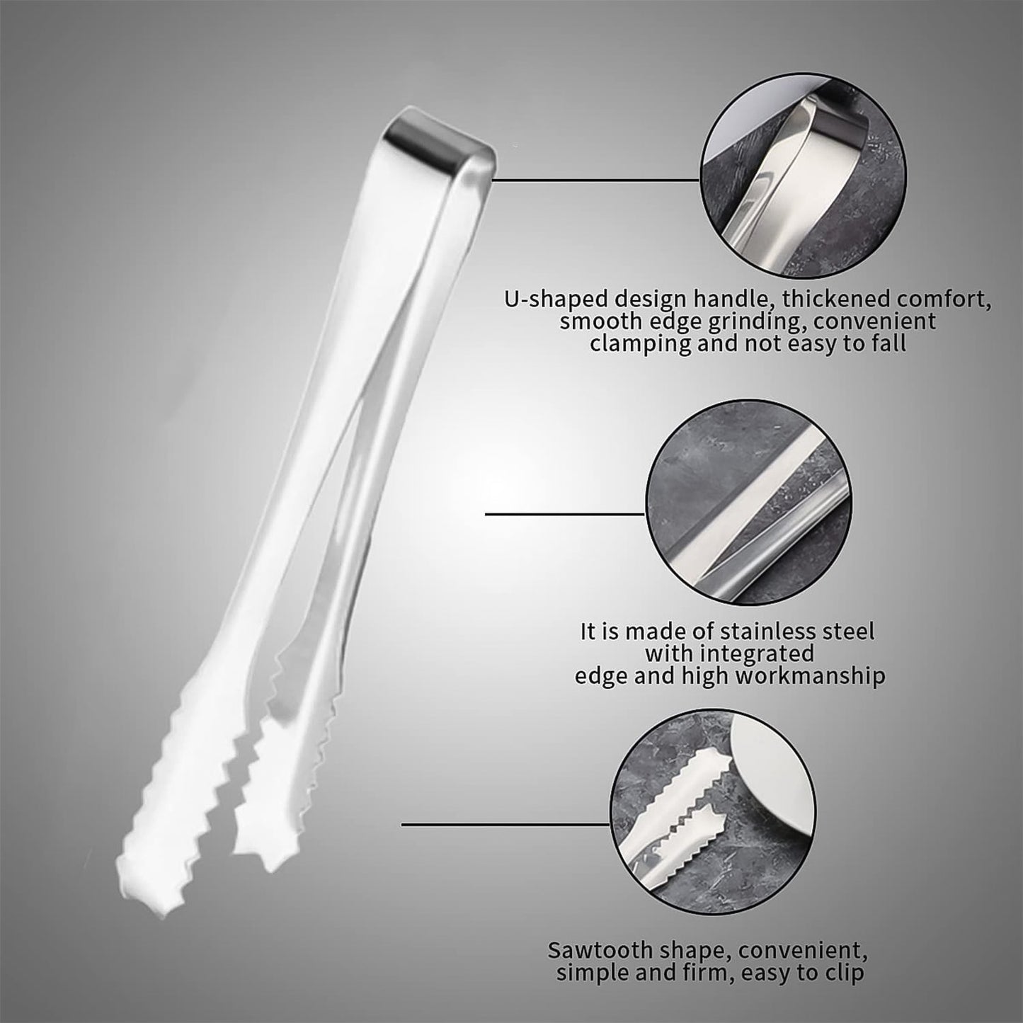 Set of two stainless steel serving tongs on a clear glass plate.