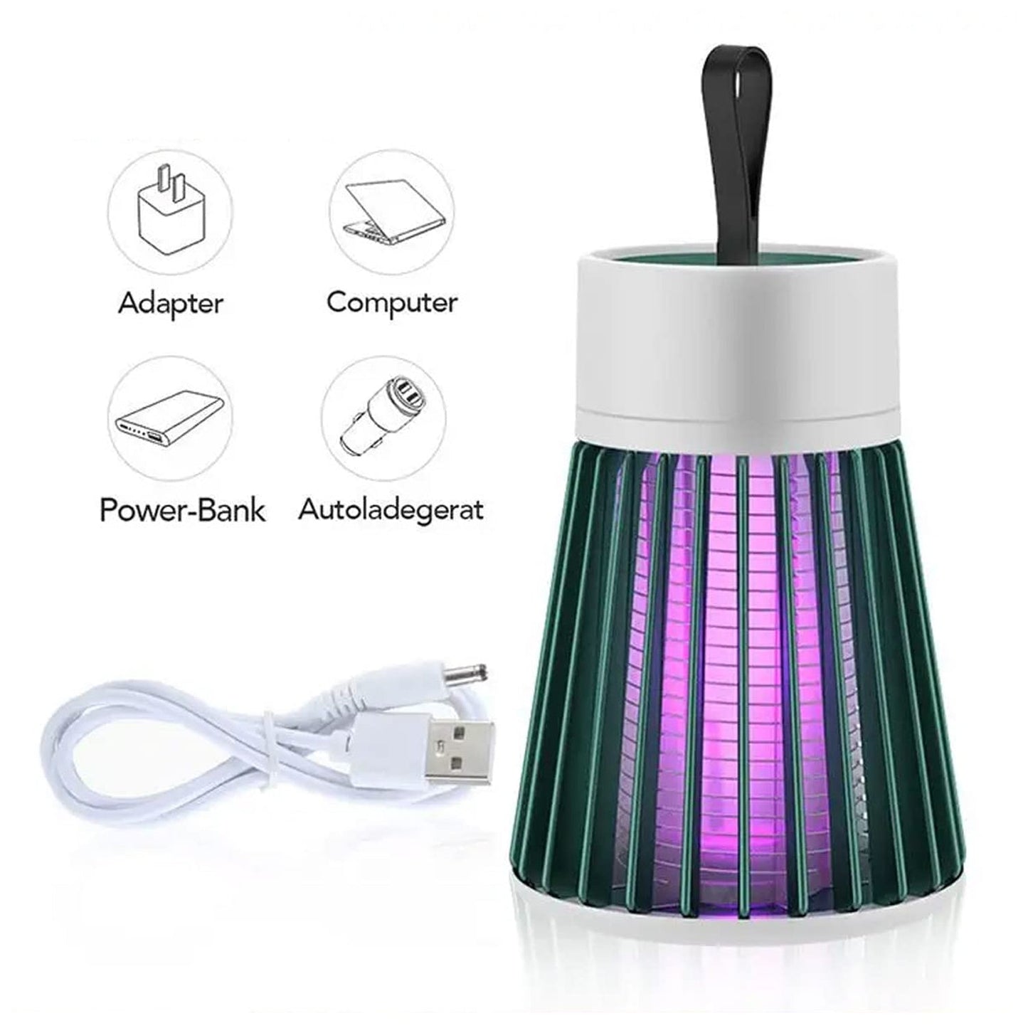 A green Mosquito Killer Lamp is shown with a USB cable and icons for various power sources like an adapter and power bank.