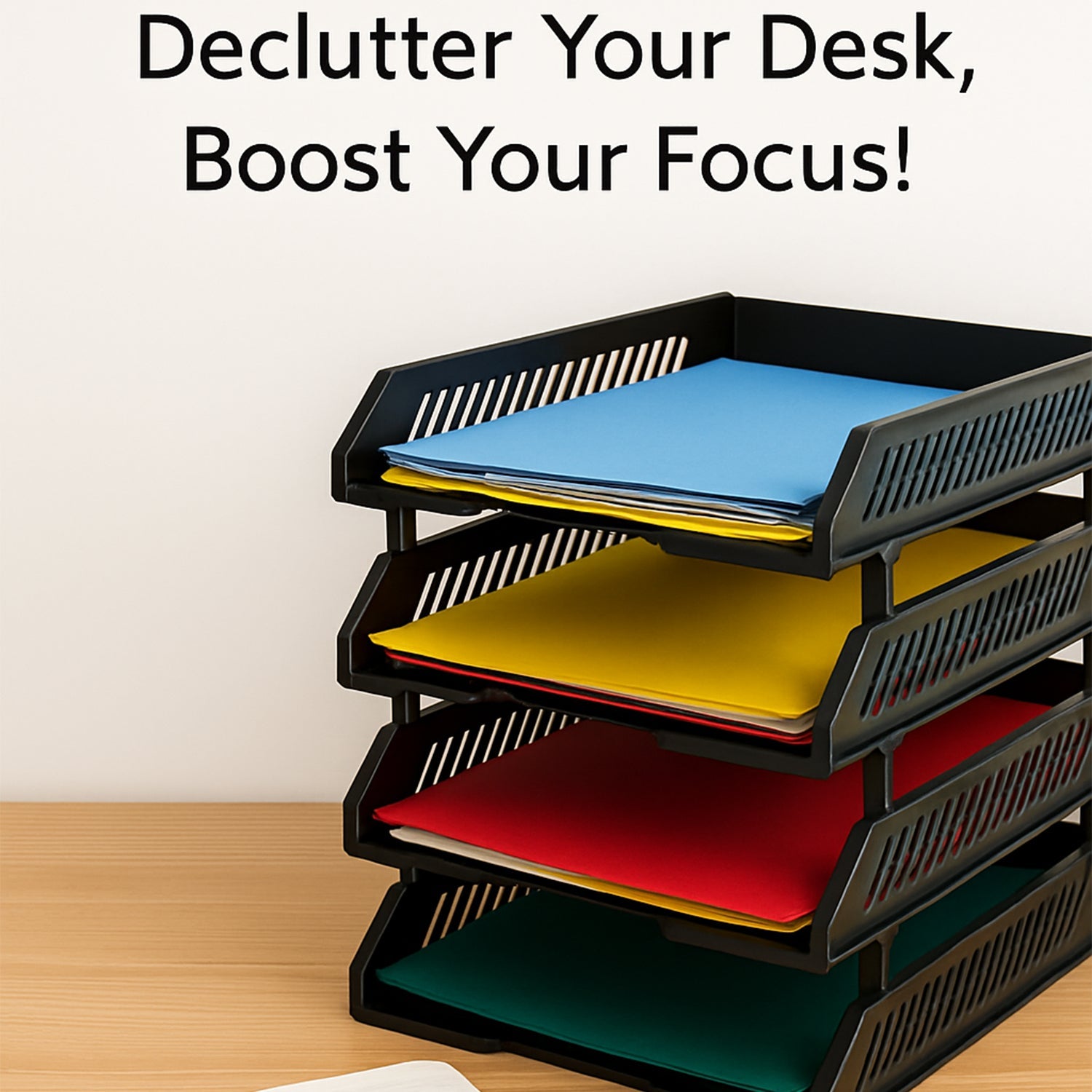 Top view of the office file rack demonstrating capacity for A4 folders.