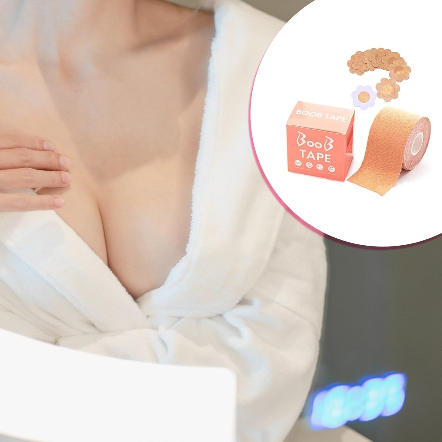 Visible breast lift effect achieved using the discreet Boob Tape.