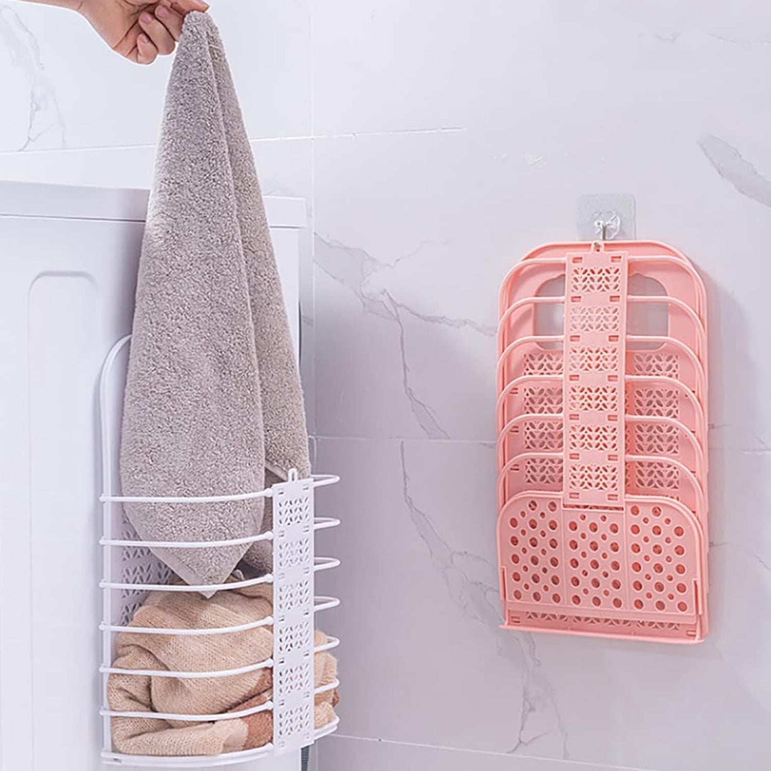 Wall hanging laundry basket for dirty clothes, ideal for bathroom organisation.