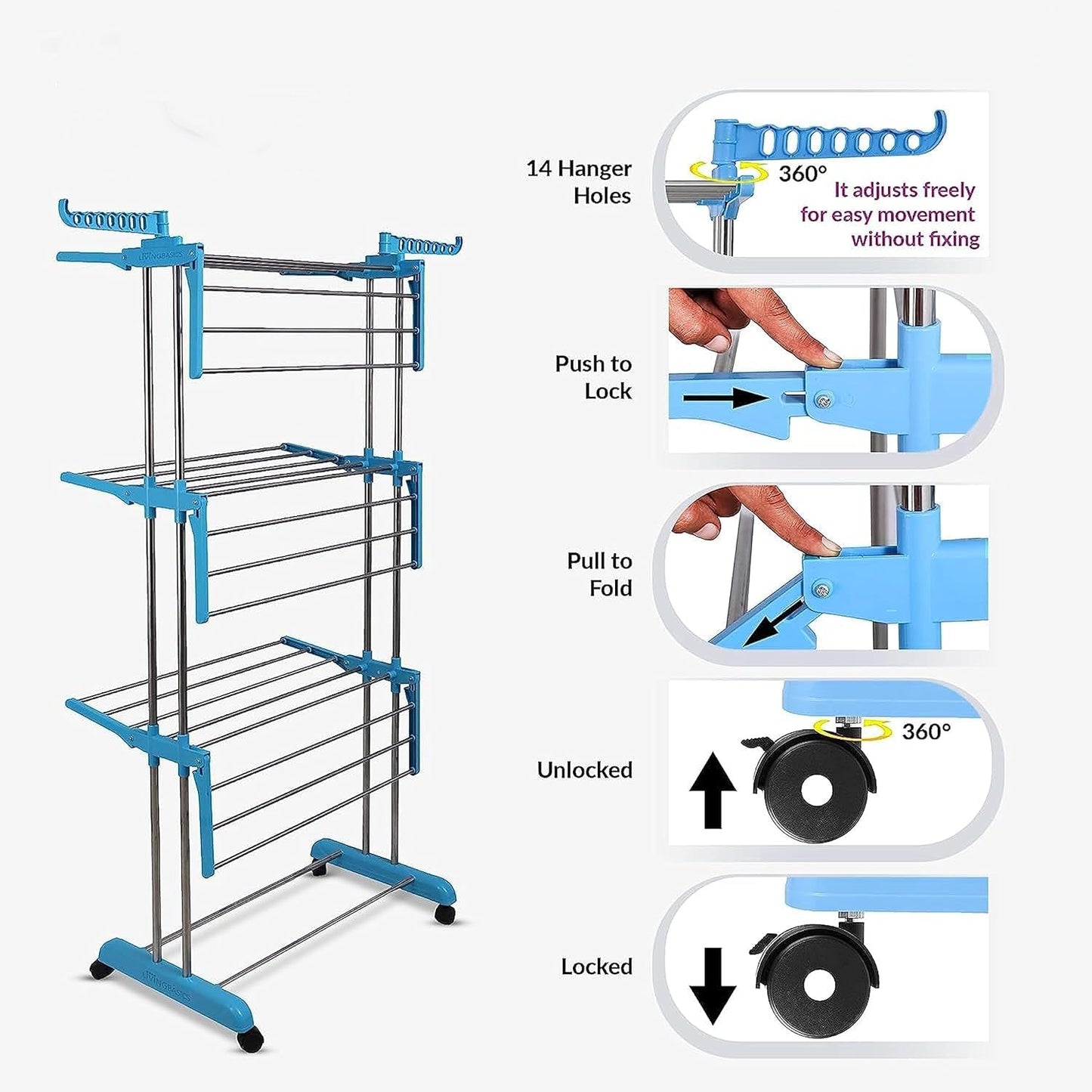Stainless steel clothes drying stand with six adjustable wings for versatile drying.
