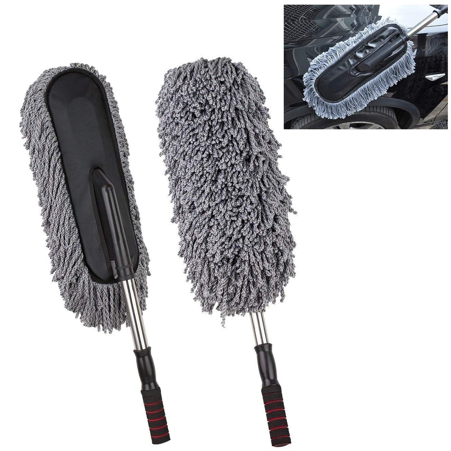 Microfiber car duster with retractable handle for easy vehicle cleaning.