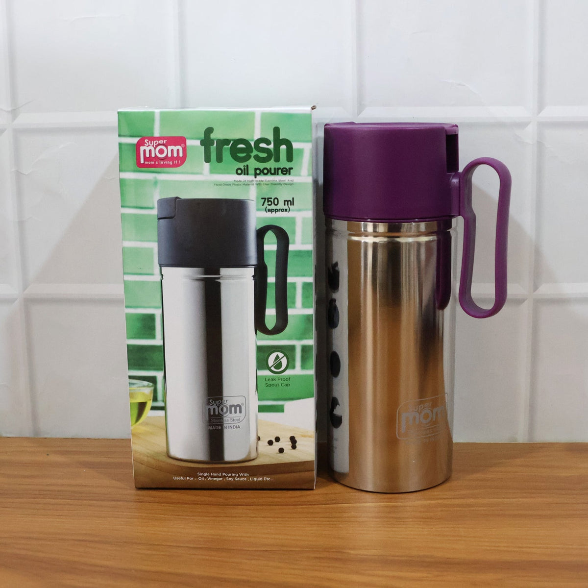 Close-up image of oil pourer spout designed to prevent drips and spills