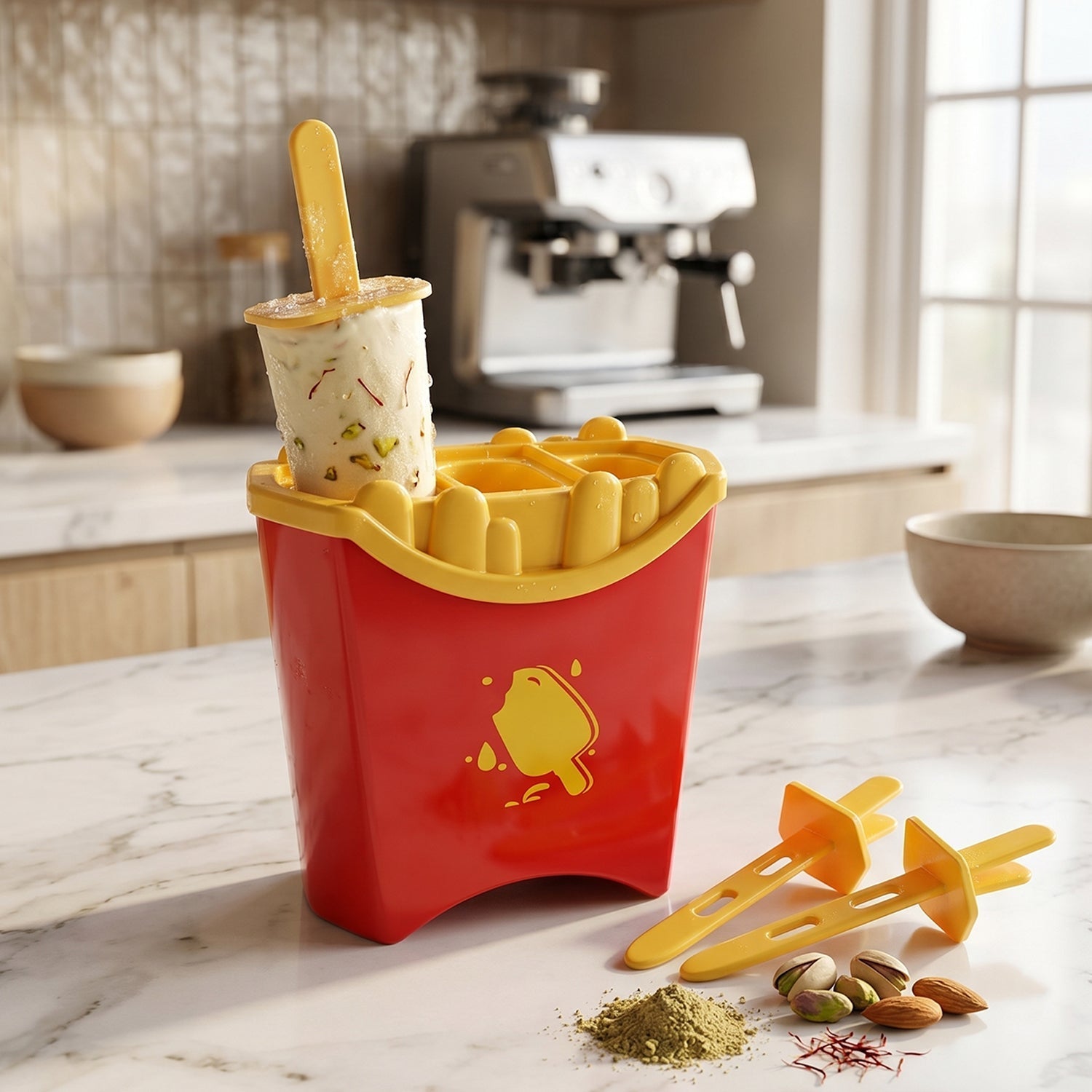 Person using the French fries shape ice mould to prepare frozen desserts.